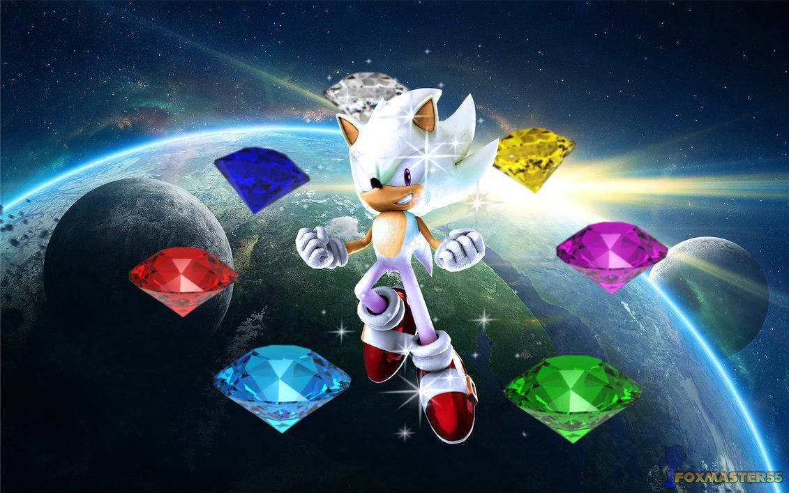 索尼克 桌布 壁紙 — Silver Sonic 在太空中勝利地站立，被七顆發光的彩色鑽石環繞，這些鑽石圍繞著地球和月球。