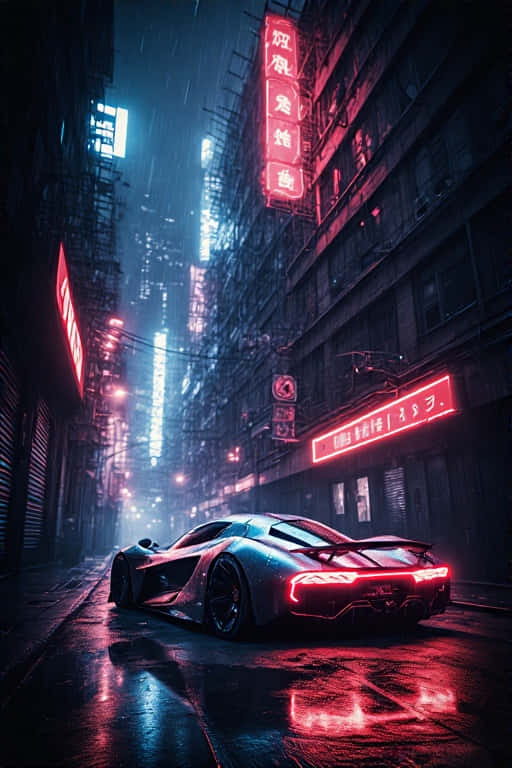銀色跑車在潮濕街道上，紅色霓虹燈下，雨中的 cyberpunk 城市 — 4K 壁紙