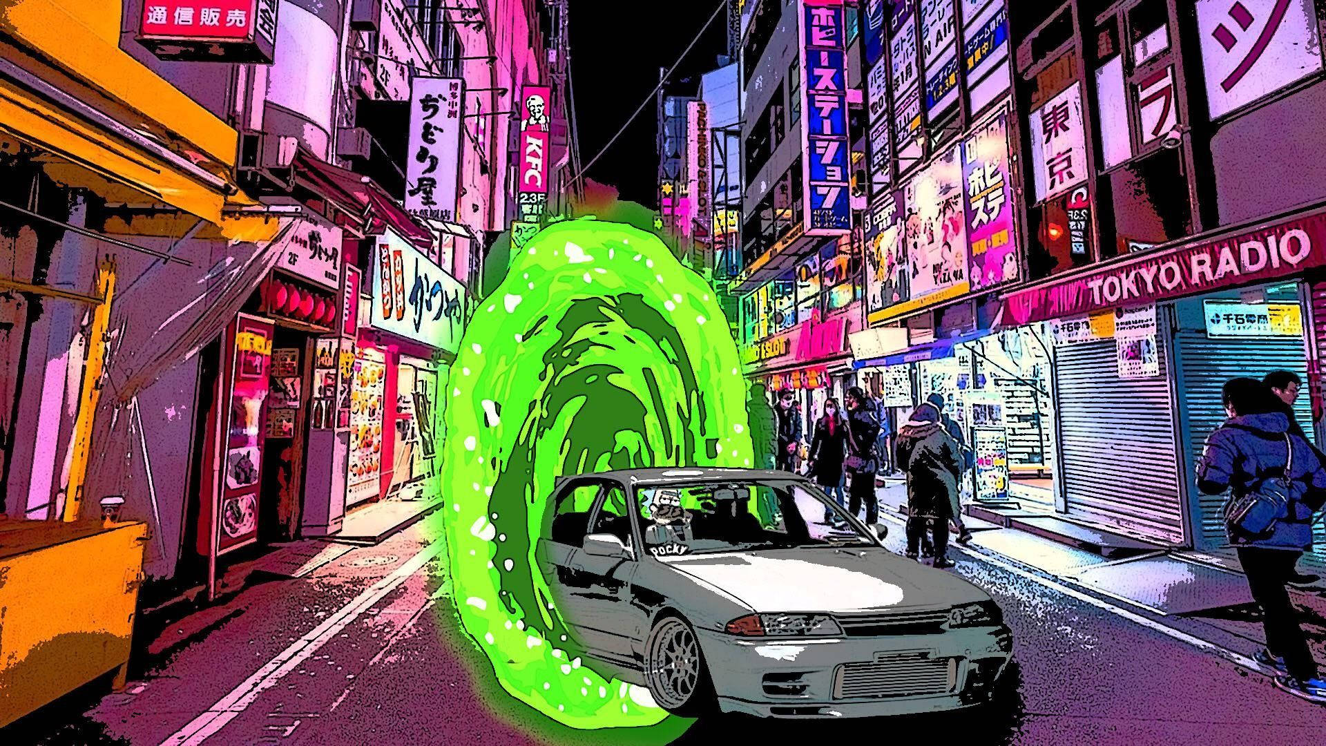 銀色汽車從發光綠色傳送門中駛出，在夜晚霓虹東京小巷中。 — JDM風格 壁紙