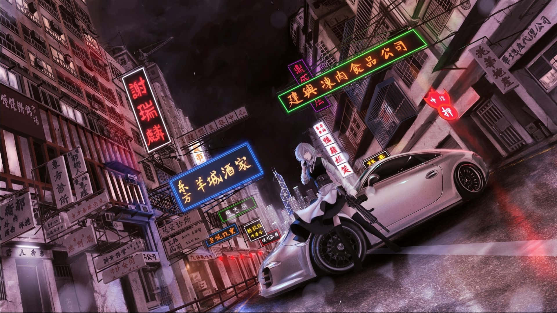  壁紙 — 一輛銀色跑車停放在夜晚的霓虹燈小巷中，一個白髮動漫女孩靠著它。