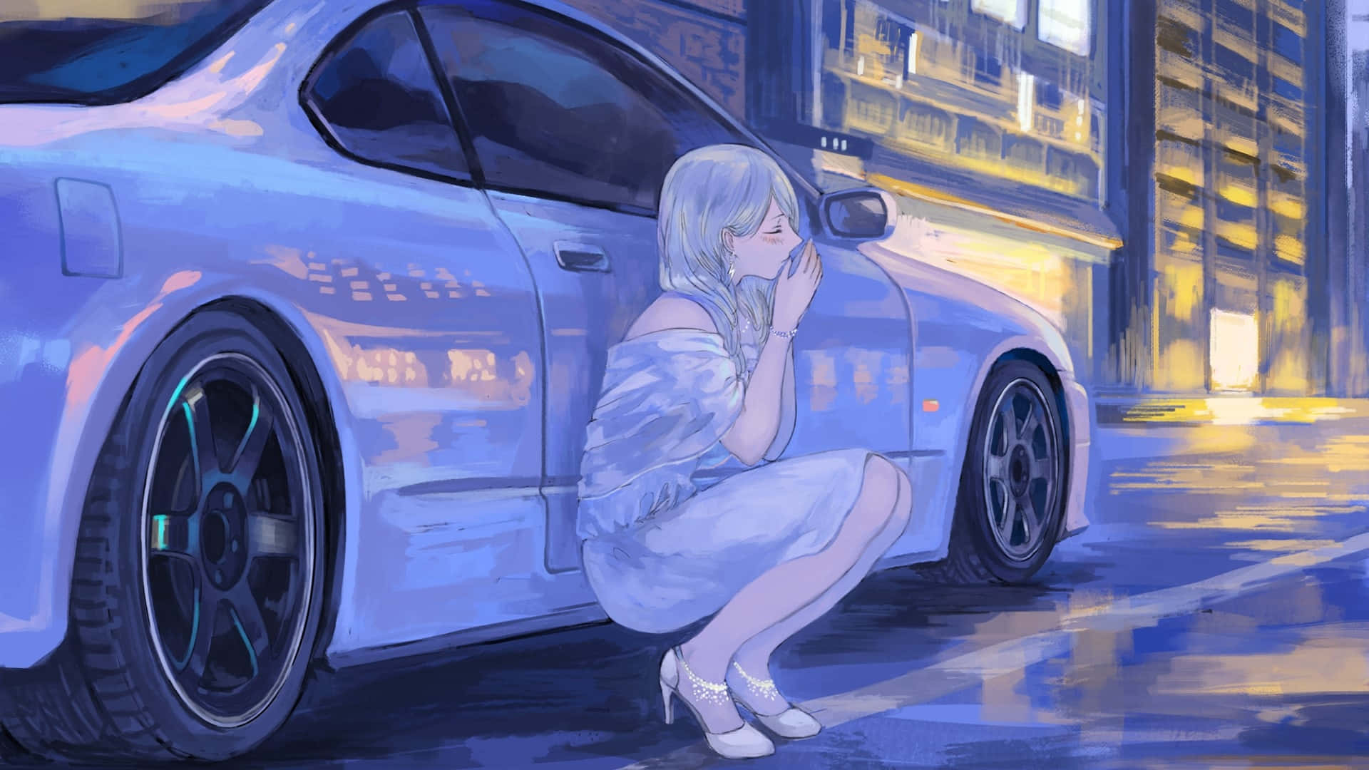  壁紙 — 一輛銀色跑車在霓虹燈下閃閃發光，一位銀髮女孩穿著白色連衣裙在潮濕的城市街道上蹲在它旁邊。