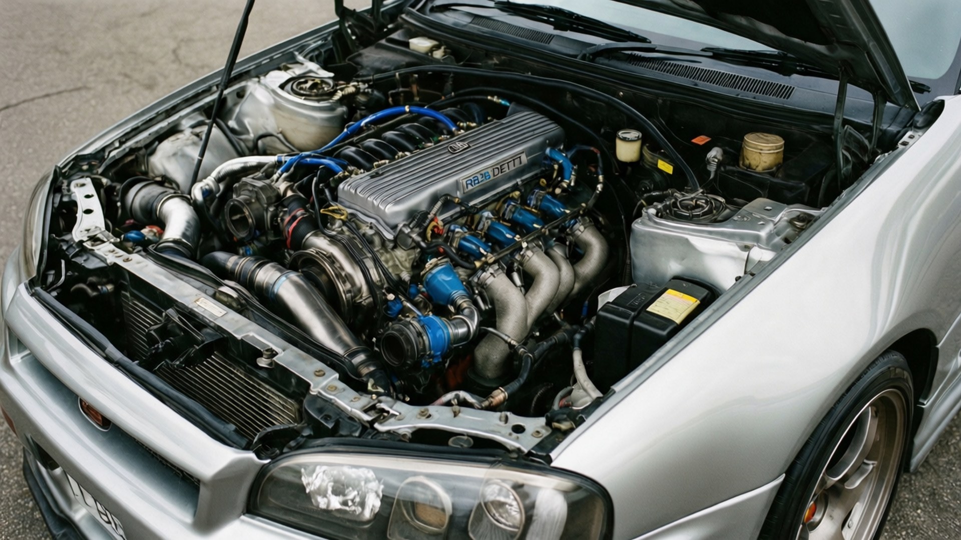 Silver Engine Bay Detail 壁紙 — 一輛銀色跑車的引擎蓋打開，露出詳細的渦輪增壓引擎，帶有藍色點綴和金屬部件。