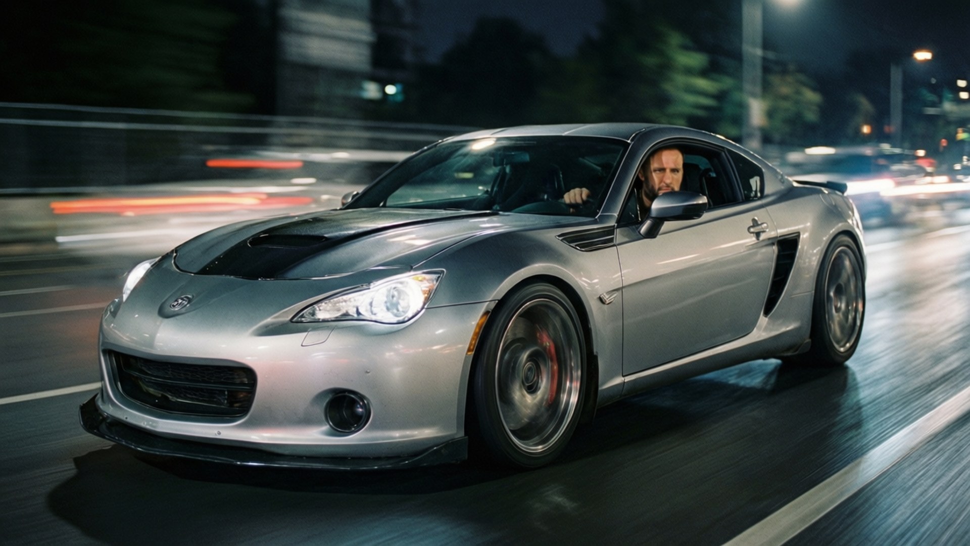 Street Racer 壁紙 — 一輛銀色跑車在夜晚穿過霓虹燈照亮的城市，身後留下動態模糊的條紋。