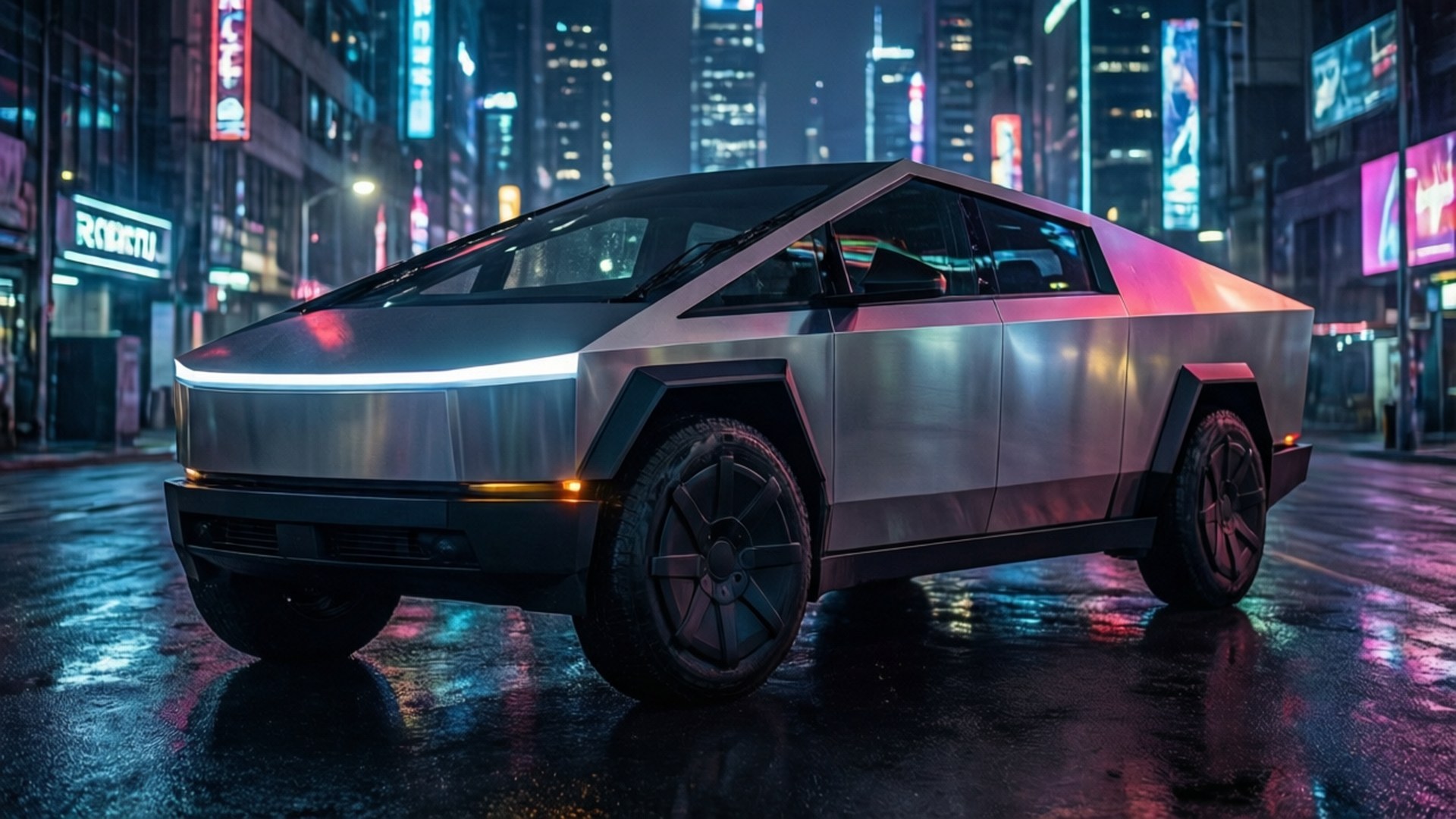Neon City Cybertruck 壁紙 — 一輛銀色 Tesla Cybertruck 在夜間濕漉漉的城市街道上，在霓虹燈下閃閃發光，反射出鮮豔的色彩。