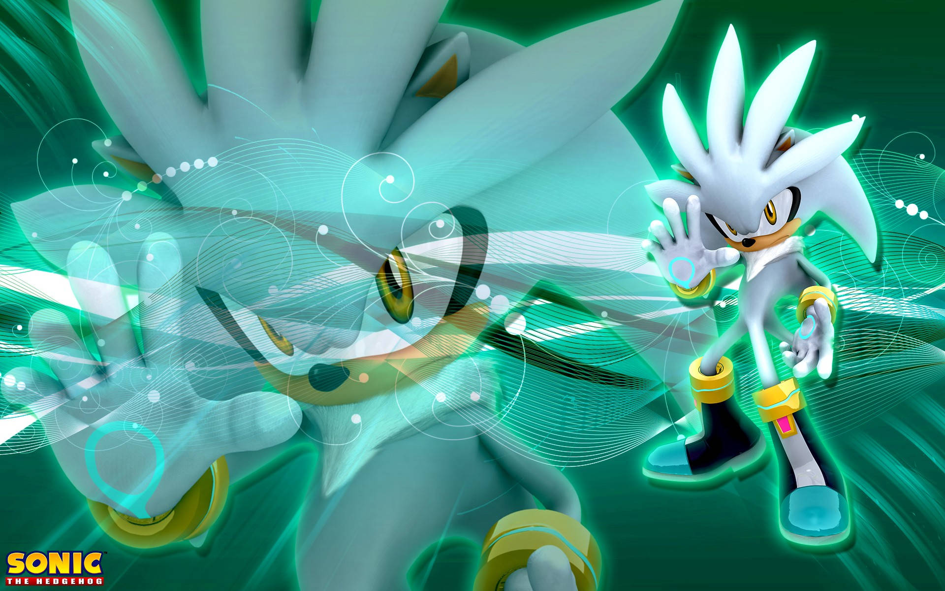 Hedgehog 桌布 壁紙 — Silver the Hedgehog 動態地站在旋轉的藍綠色能量背景前，帶有發光的粒子效果。