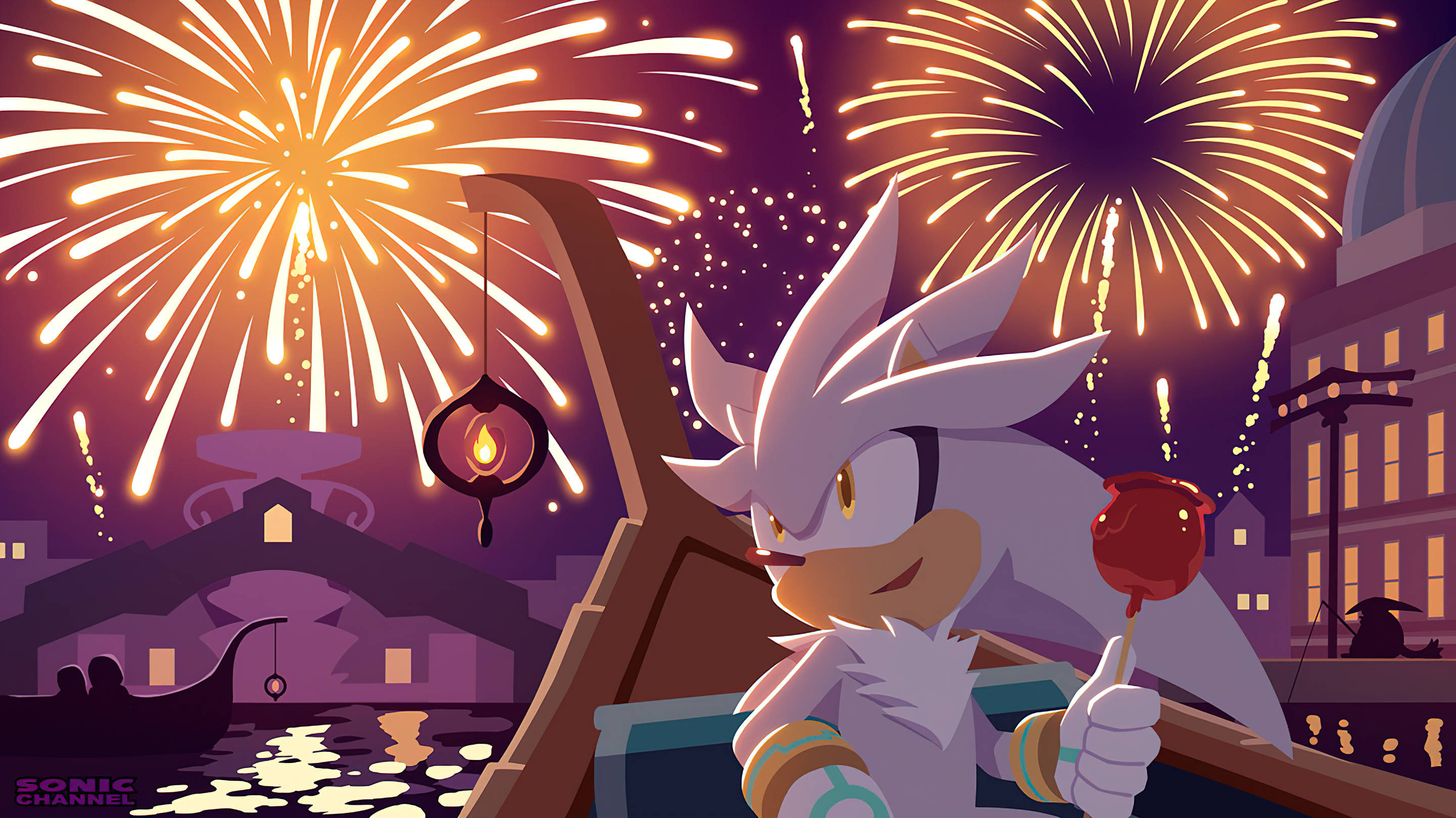 Hedgehog 桌布 壁紙 — Silver the Hedgehog 在貢多拉上享受棒棒糖，夜晚煙火在威尼斯運河上空綻放。