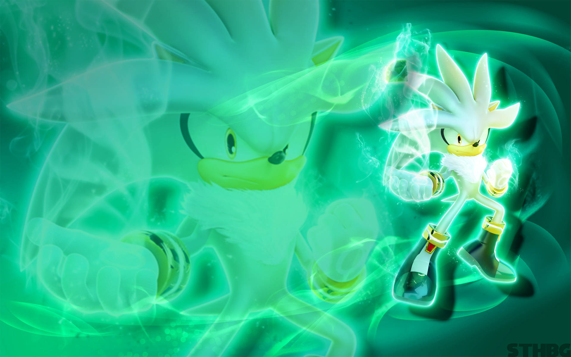 Hedgehog 桌布 壁紙 — Silver the Hedgehog 在旋轉的綠色光環襯托下，以動態的動漫動作姿勢發出電能光芒。