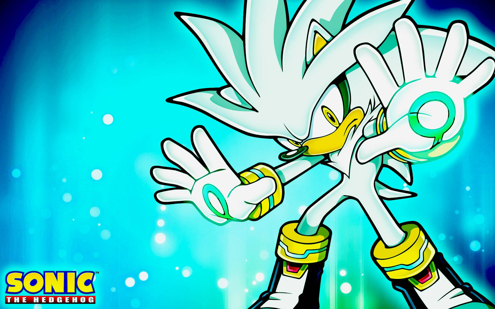 Hedgehog 桌布 壁紙 — Silver the Hedgehog 以動感姿態，帶著發光環圈，襯托充滿活力的藍色閃亮背景。