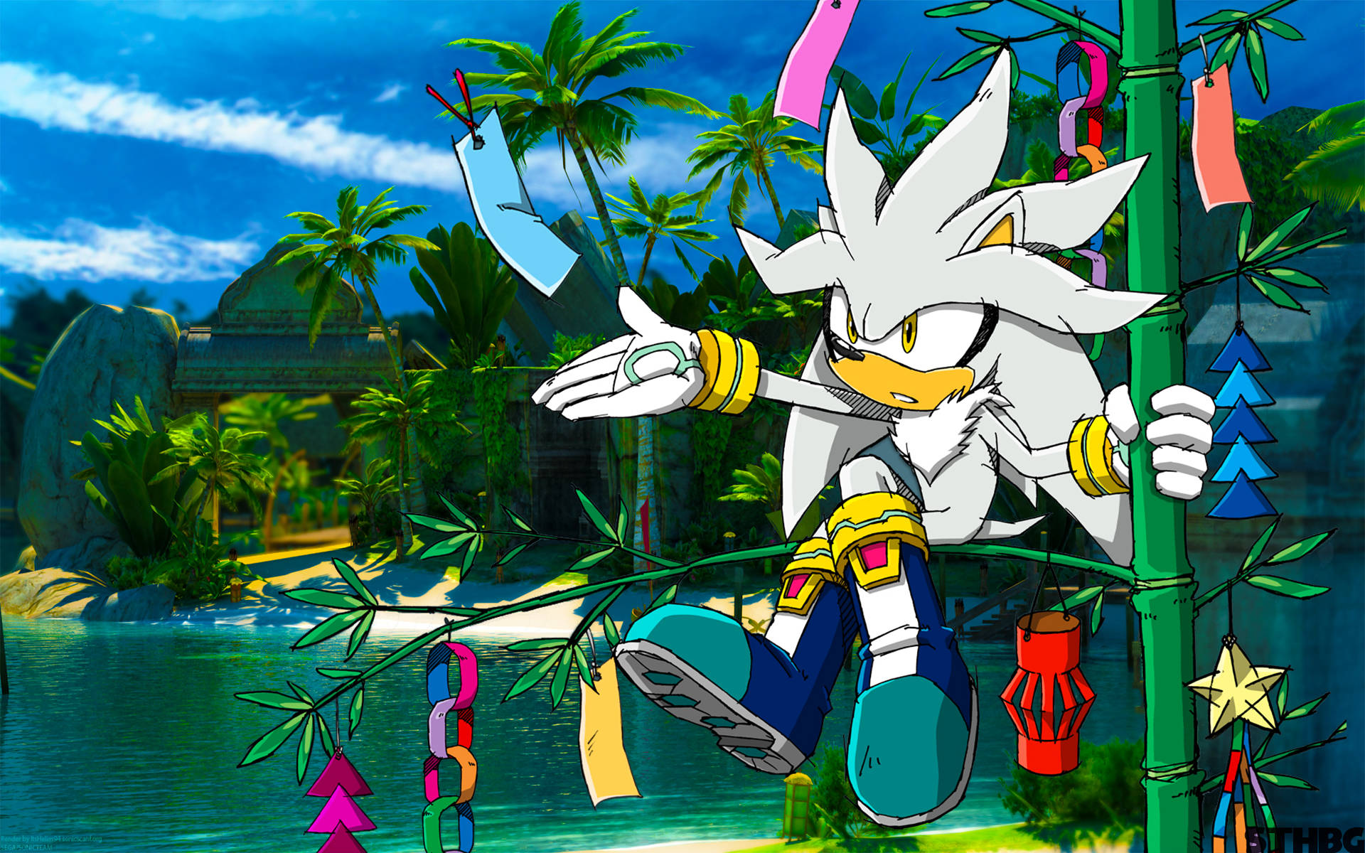 Hedgehog 桌布 壁紙 — Silver the Hedgehog 在色彩繽紛的紙燈籠和棕櫚樹下，於明亮的藍天之下，在充滿活力的熱帶叢林中搖擺。