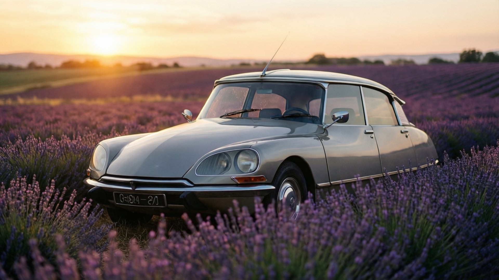 Lavender Fields Citroen DS 壁紙 — 一輛銀色 vintage Citroën DS 停泊在盛開的薰衣草田中，正值日落時分。