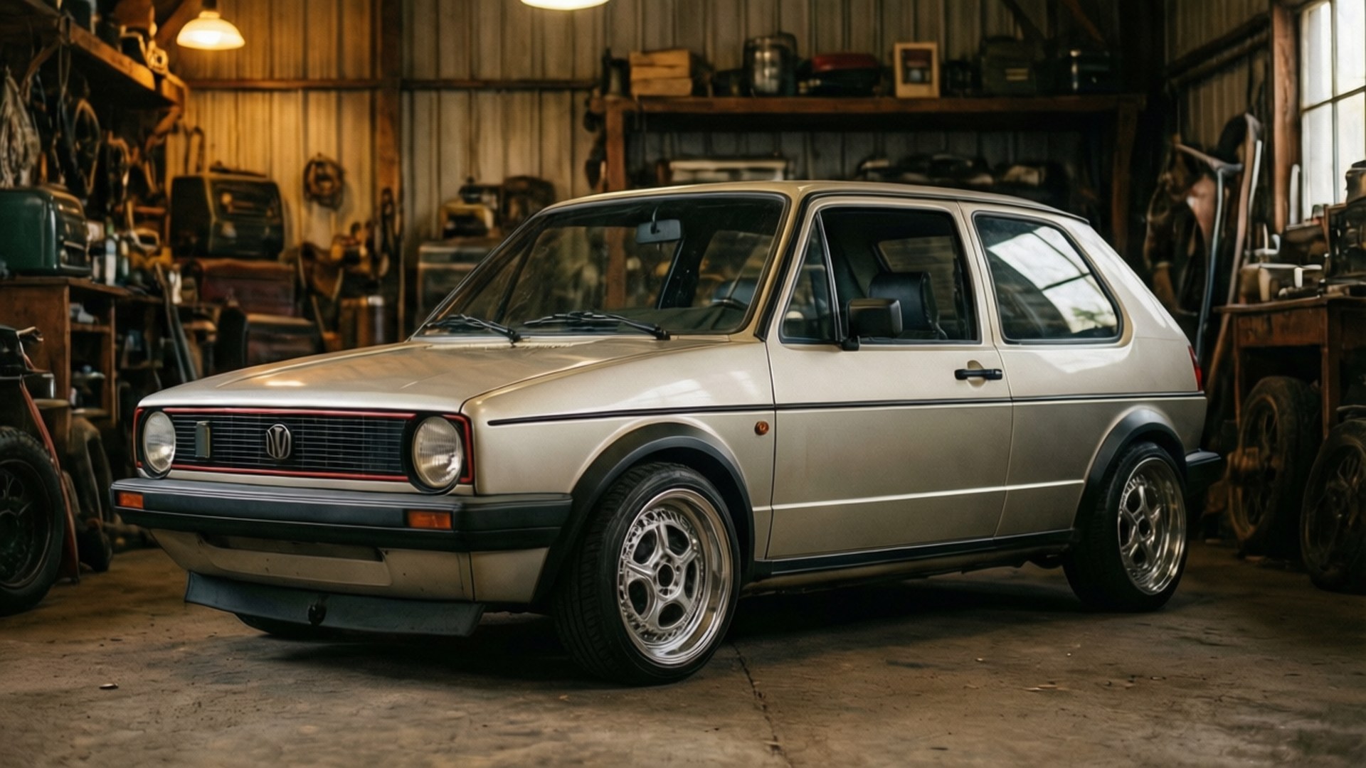 Classic Mk1 壁紙 — 一輛銀色福斯Golf Mk1配備定制合金輪圈，停放在雜亂的復古車庫中，上方有溫暖的吊燈。