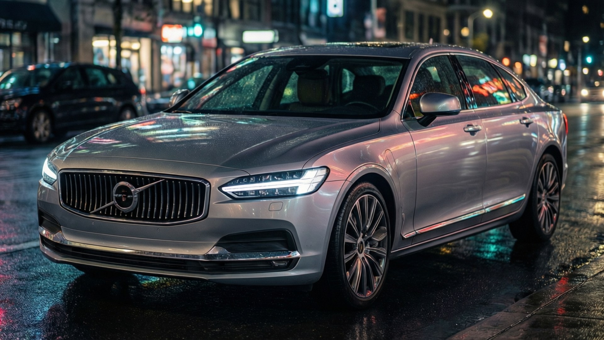 Neon Reflections Volvo S90 壁紙 — 一輛銀色富豪房車在濕漉漉的夜街上閃耀，反射著霓虹燈光。