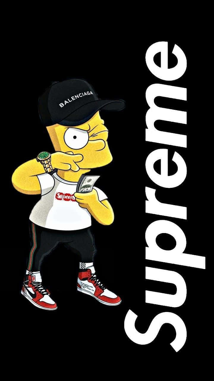 supreme 桌布 壁紙 — Simpson角色穿著街頭服飾，手持現金，佩戴奢侈品牌，背景為黑色並帶有Supreme標誌。