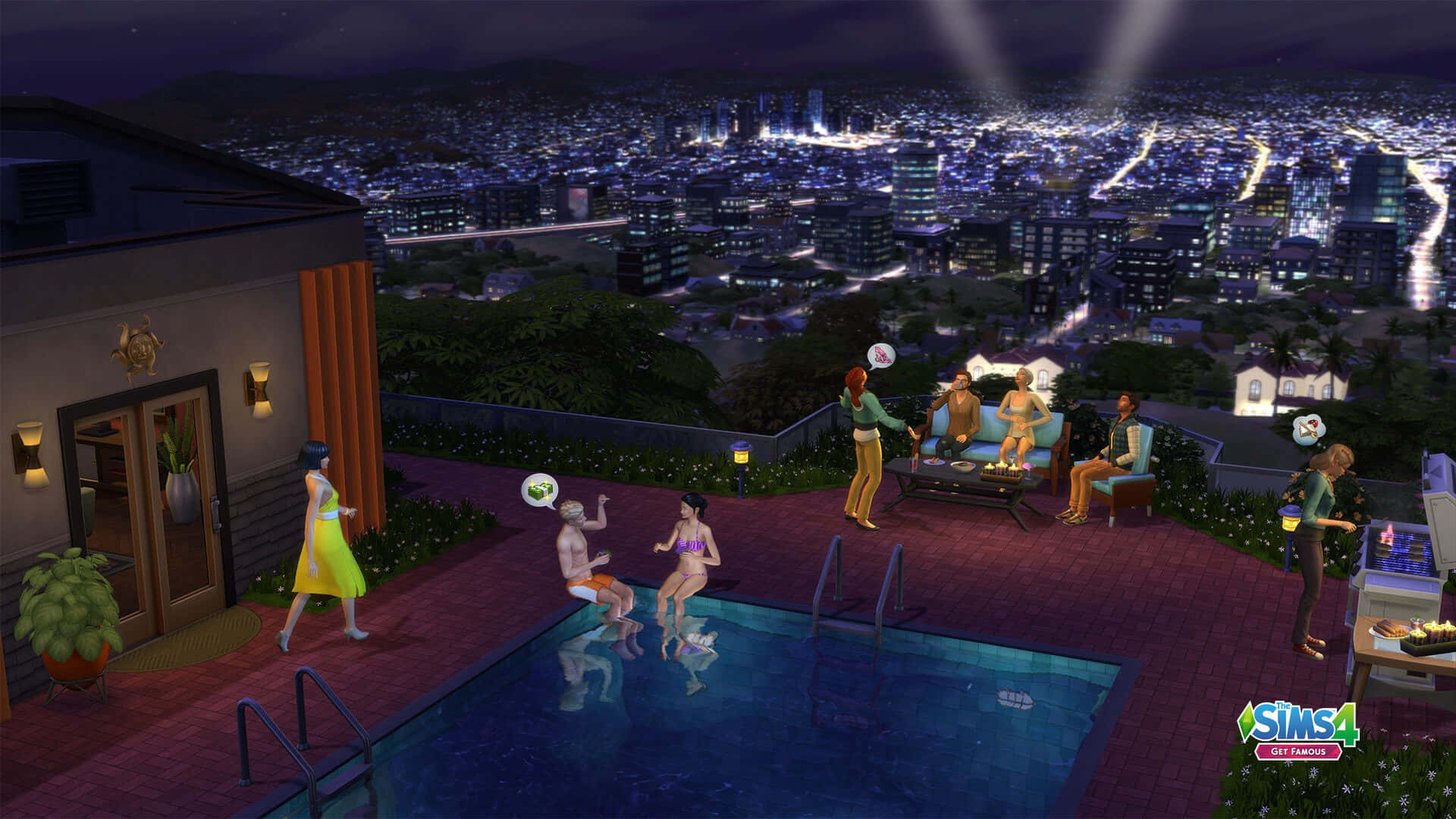 Video Game Zoom 桌布 壁紙 — Sims 角色在可俯瞰夜間活力城市景觀的屋頂泳池甲板上社交。