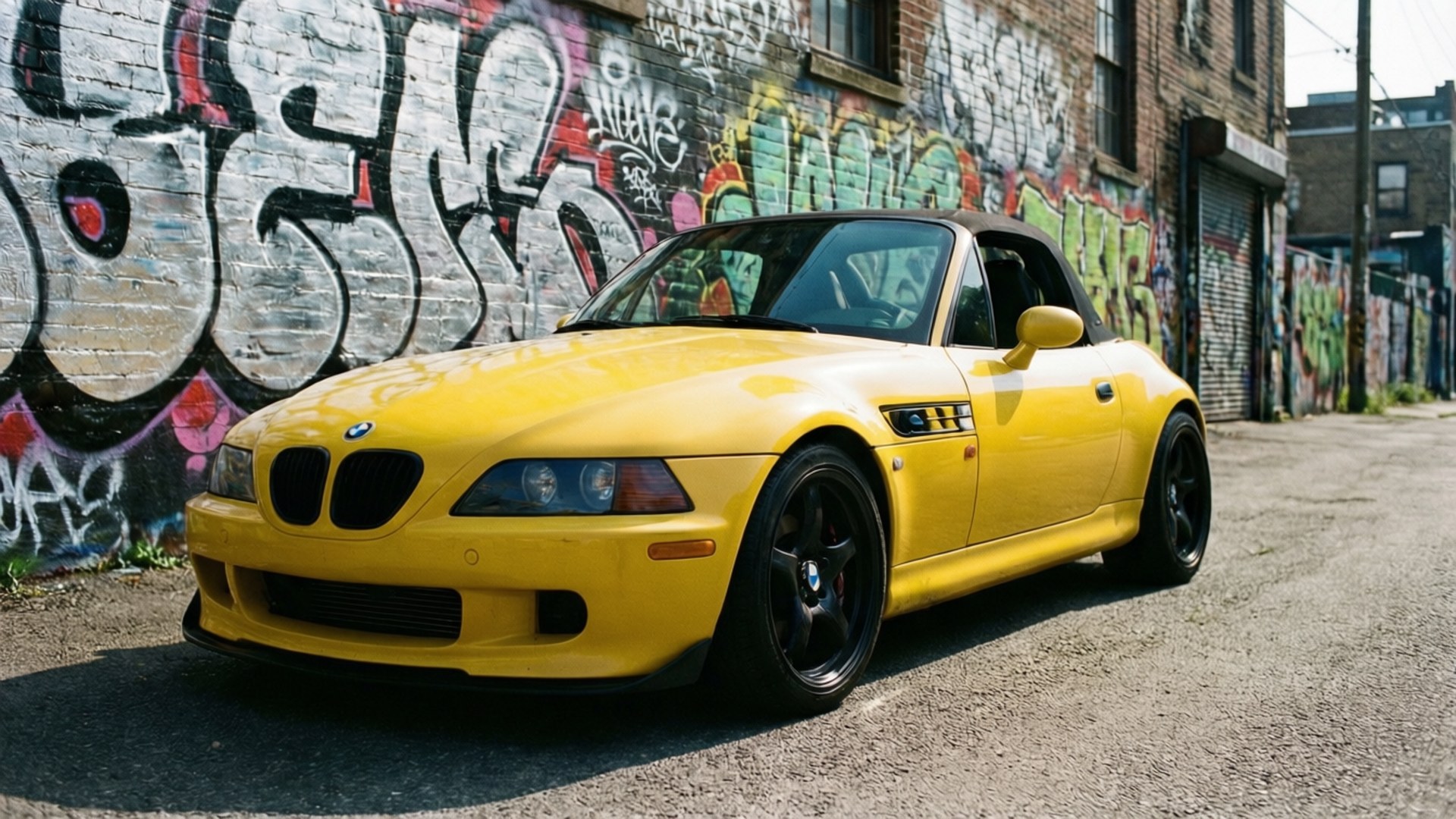 Bmw Z3 桌布 壁紙 — 一輛鮮黃色的BMW Z3跑車停泊在一條佈滿碎石、旁邊有色彩繽紛塗鴉磚牆的街道上。