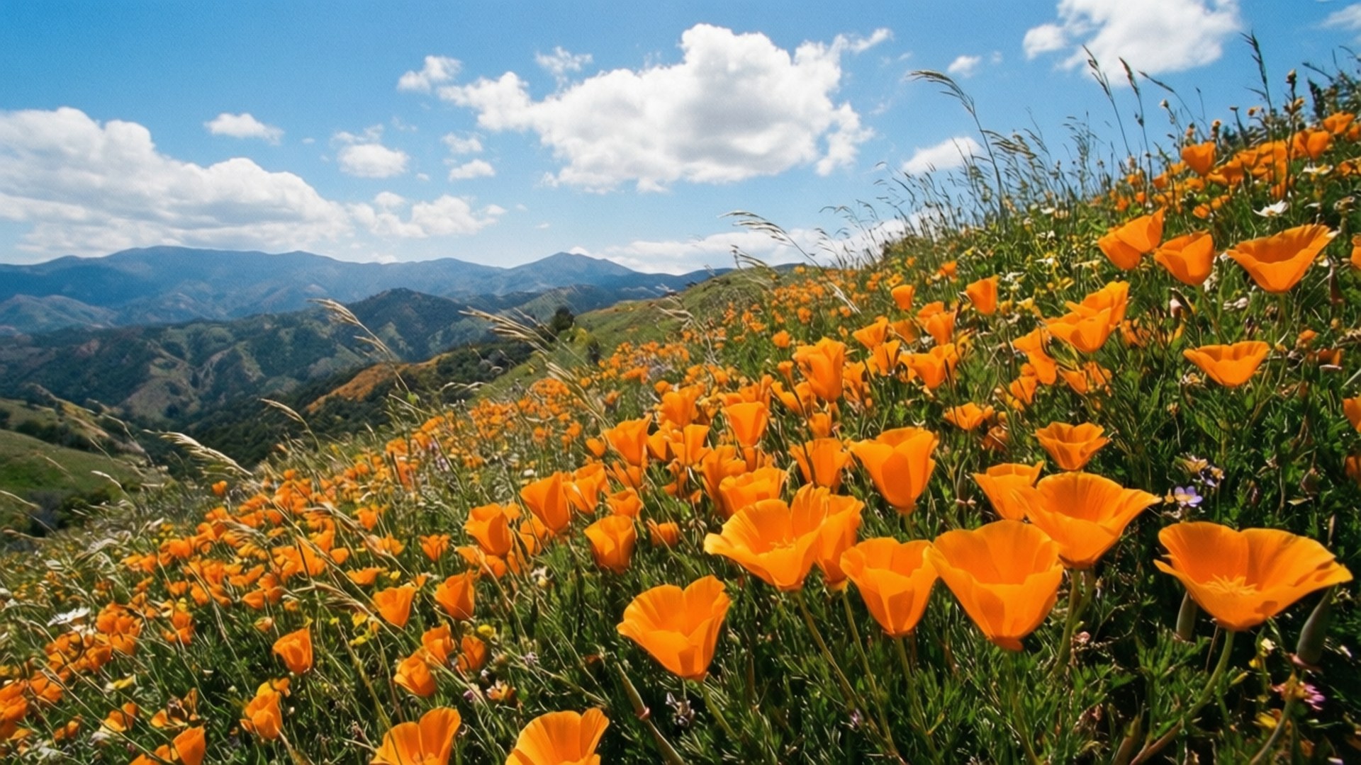 California Poppy Hillside 壁紙 — 鮮豔的橙色罌粟花在陽光明媚的山坡上茂密盛開，俯瞰著部分多雲天空下的遠方藍色山脈。