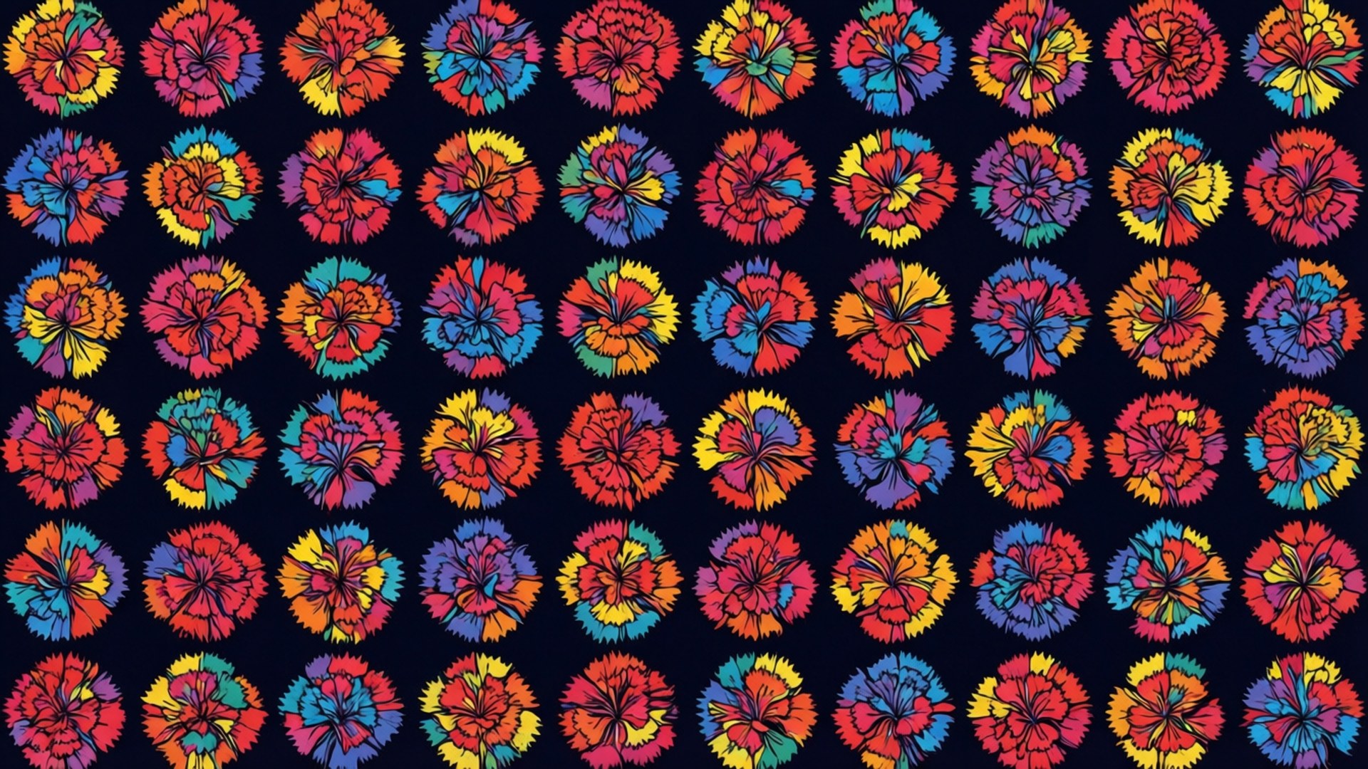 Geometric Carnation Pattern 壁紙 — 鮮豔多彩的康乃馨以粗線條重複排列在深海軍藍背景上的網格中。