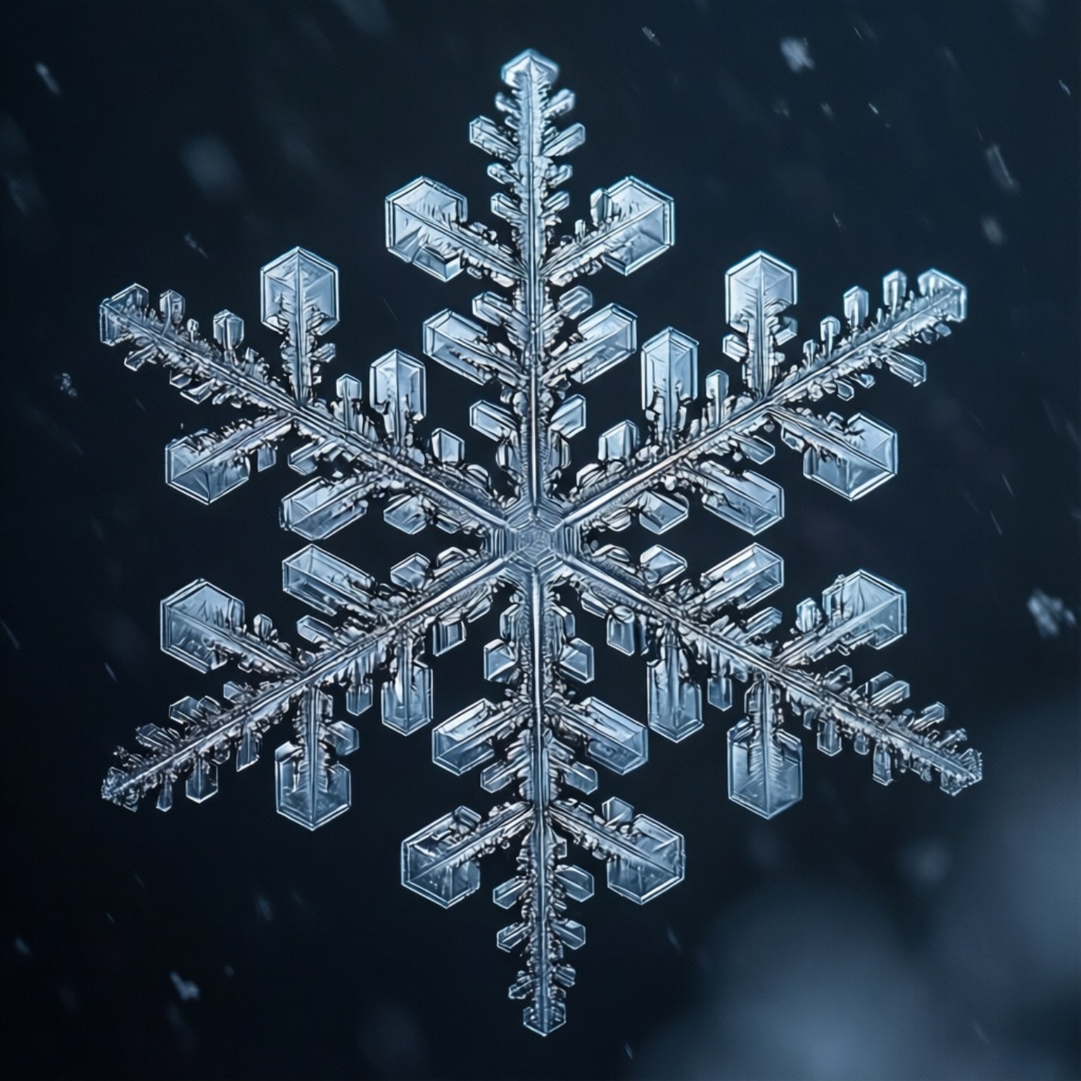 Snowflake Macro 壁紙 — 一片複雜的冰晶雪花，有六個對稱的臂，在黑暗的暴風雨天空中發出半透明的藍色光芒。