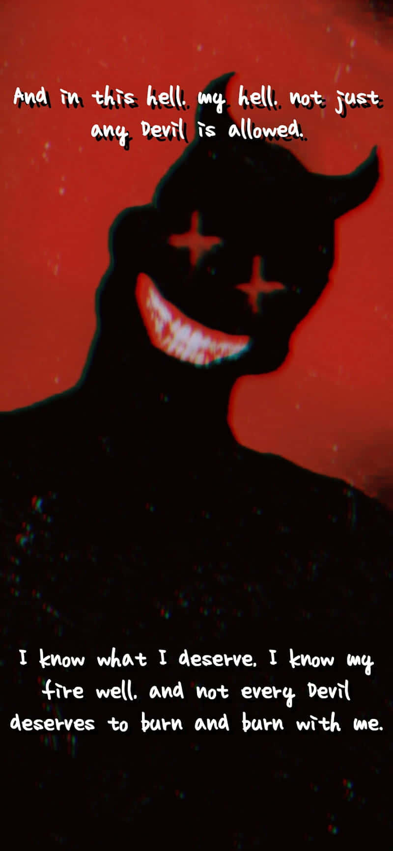  壁紙 — 一個邪惡的黑色魔鬼剪影，有角和咧嘴笑，背景是血紅色，帶有白色文字。