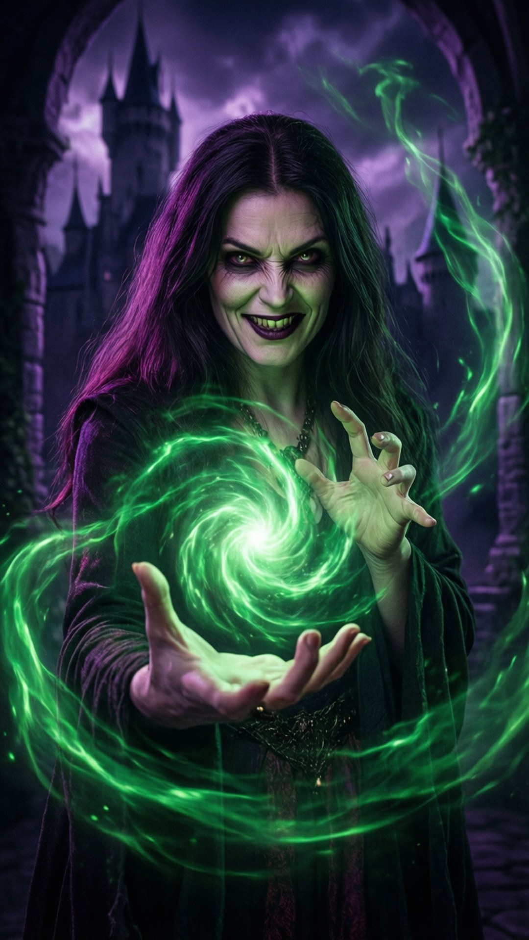 Magica's Dark Spell 壁紙 — 一個邪惡的紫髮女巫在暴風雨紫色天空下的哥德式城堡前引導發光的綠色魔法。