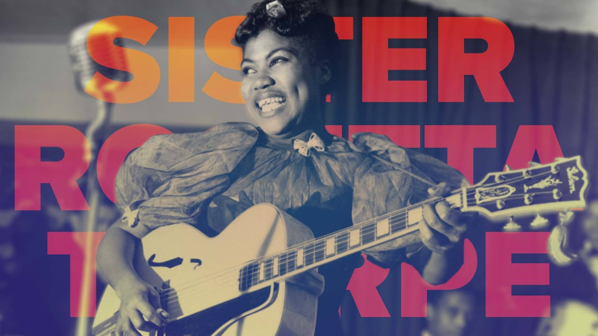rock n roll 桌布 壁紙 — Sister Rosetta Tharpe 在舞台上愉快地彈吉他，復古照片上覆蓋著粗體紅色字體。