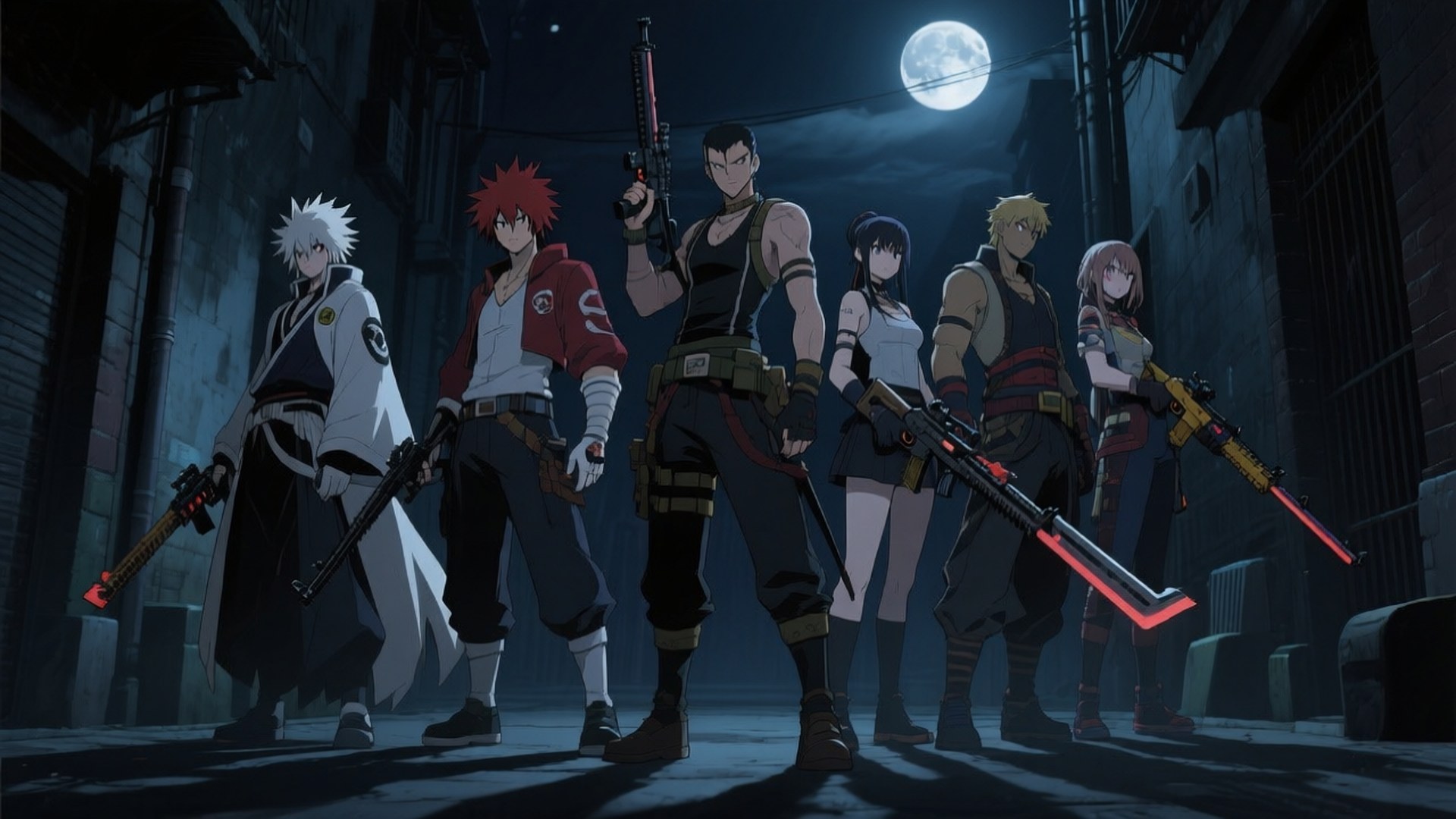 Night Raid Assemble 壁紙 — 六個動漫角色在月夜下的小巷中站立，手持未來武器，滿月當空。