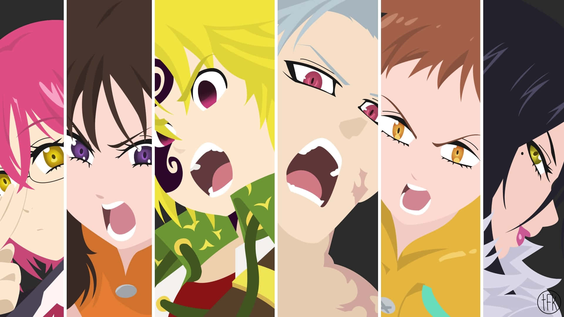 Seven Deadly Sins King 桌布 壁紙 — 六個表情豐富、髮色鮮豔的動漫角色以垂直面板顯示。