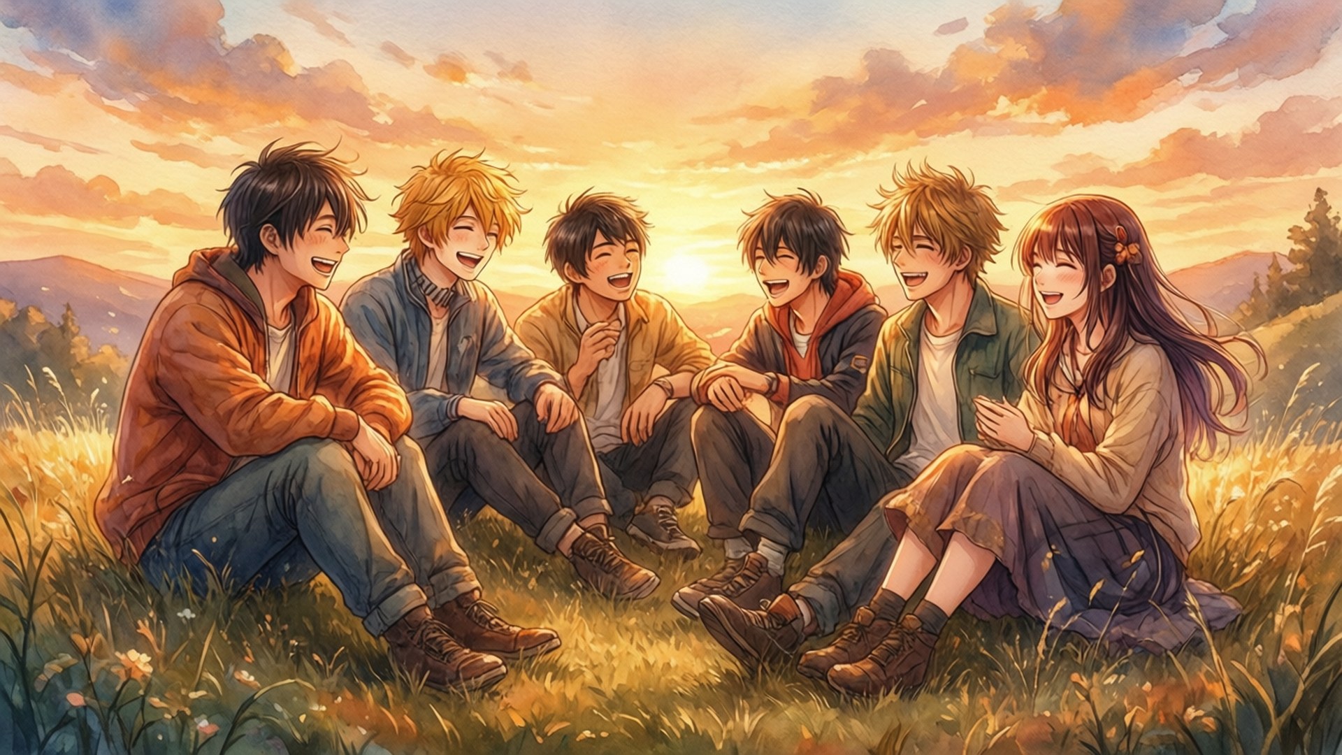 Golden Hour Friends 壁紙 — 六個動漫風格的朋友在日落時分的金色田野中一起大笑，背景有山脈。