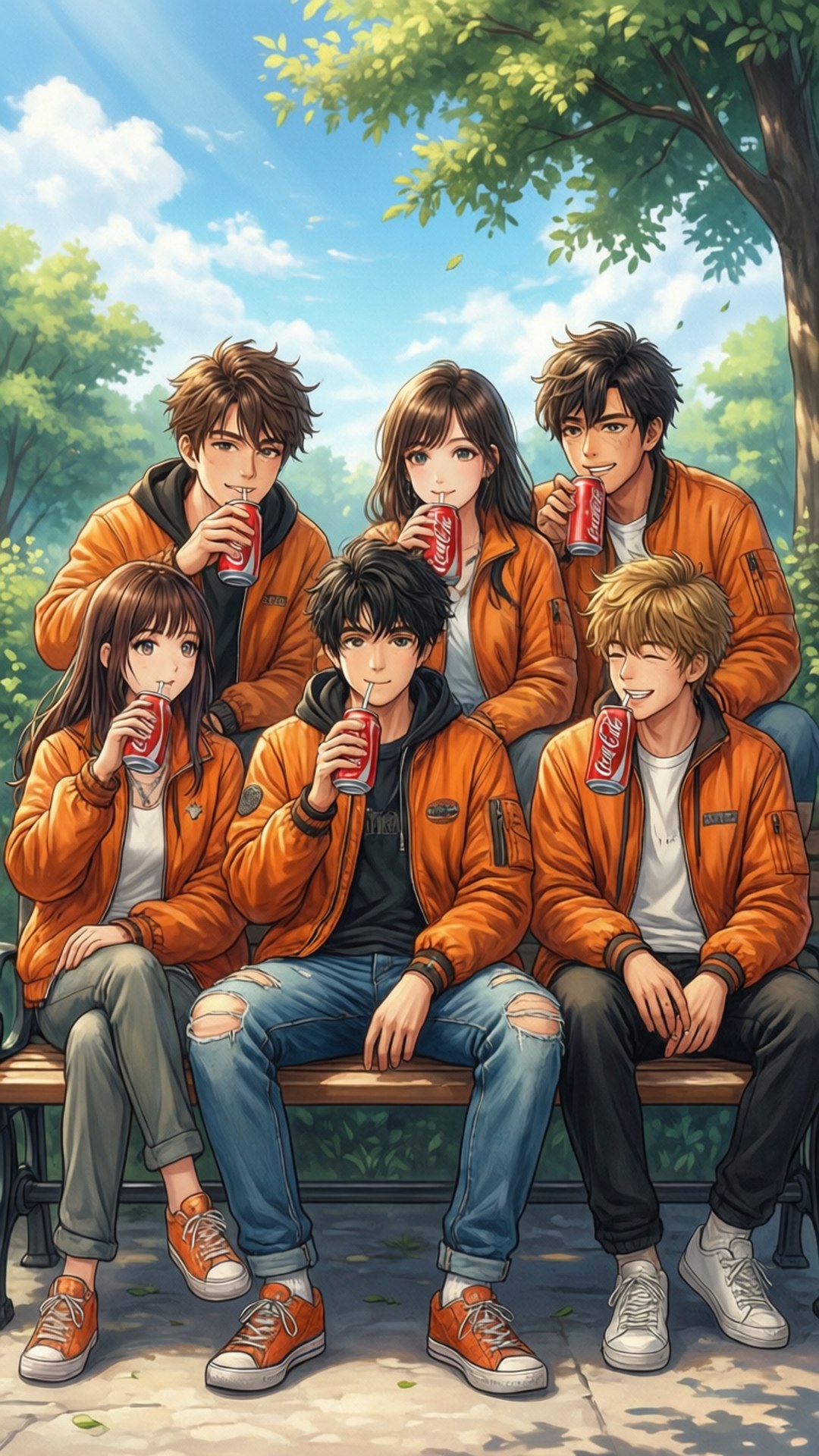 Goofy Seven Drinking Cola 壁紙 — 六個動漫風格的青少年穿著相配的橙色外套，在樹葉茂密的公園長椅上喝著可口可樂罐頭。