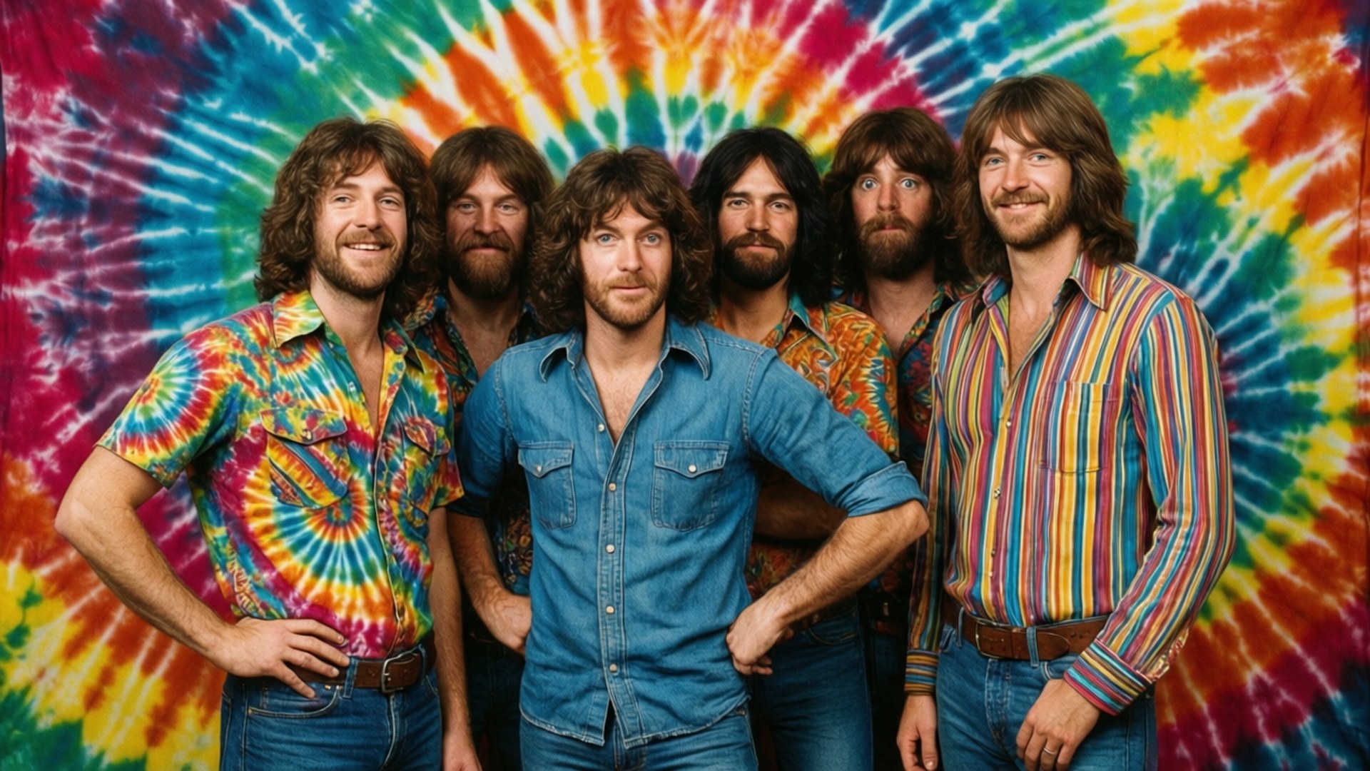 Spinners Psychedelic 壁紙 — 六位留鬍鬚的男子穿著色彩繽紛的70年代紮染和牛仔布，在充滿活力的迷幻紮染背景前自信地擺姿勢。