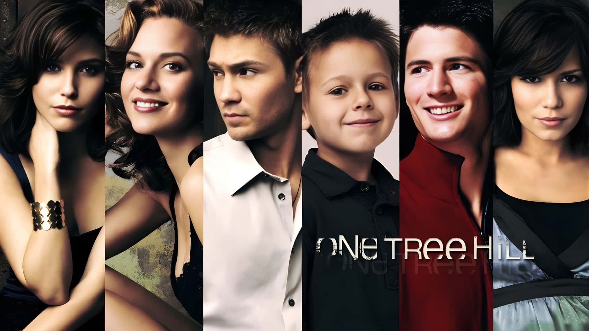  壁紙 — 《One Tree Hill》中的六個角色在帶有紋理的背景前以垂直面板擺姿勢，並配以戲劇性燈光。