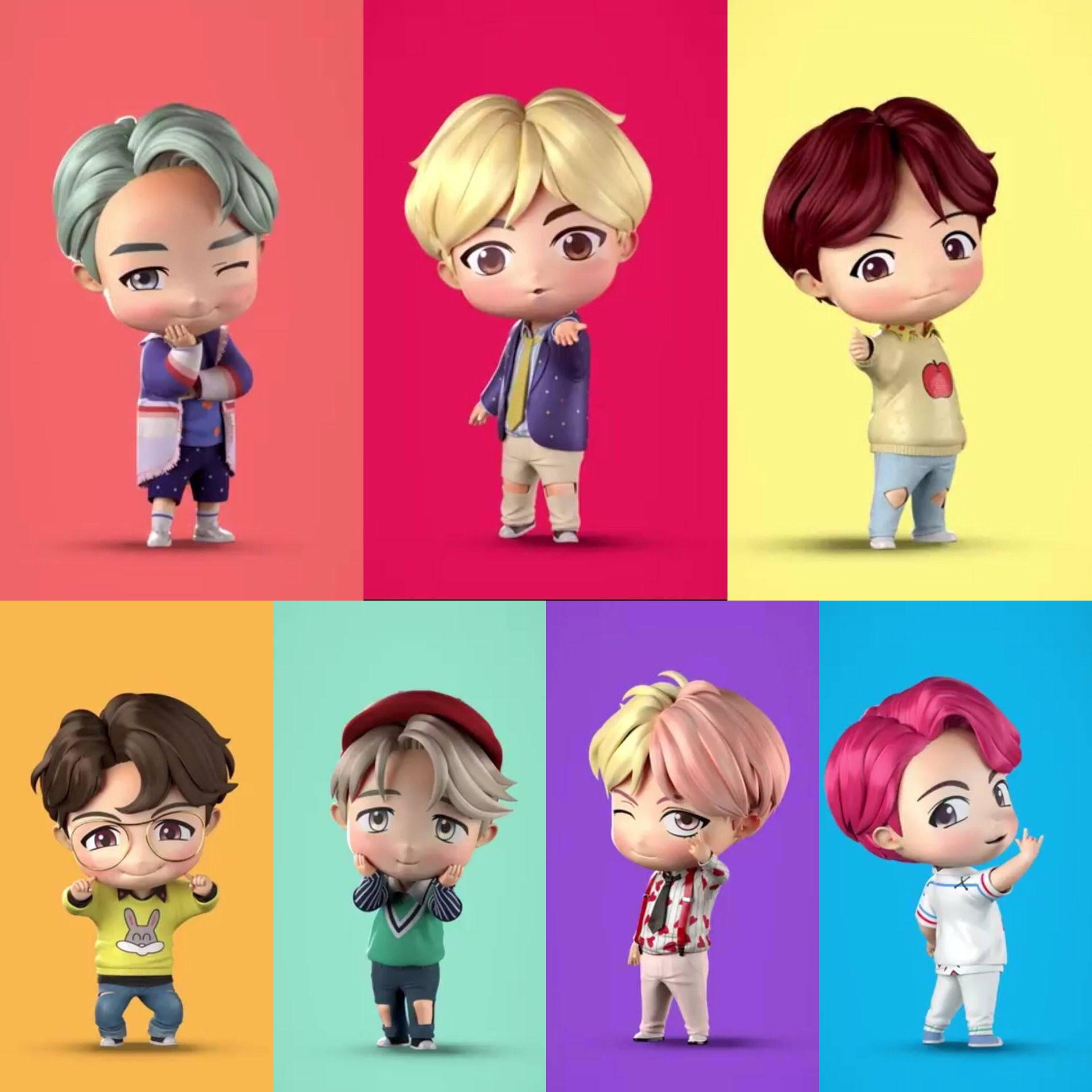 六個Q版動畫男孩，不同髮色和服裝，在彩色背景上。 — Bts 壁紙