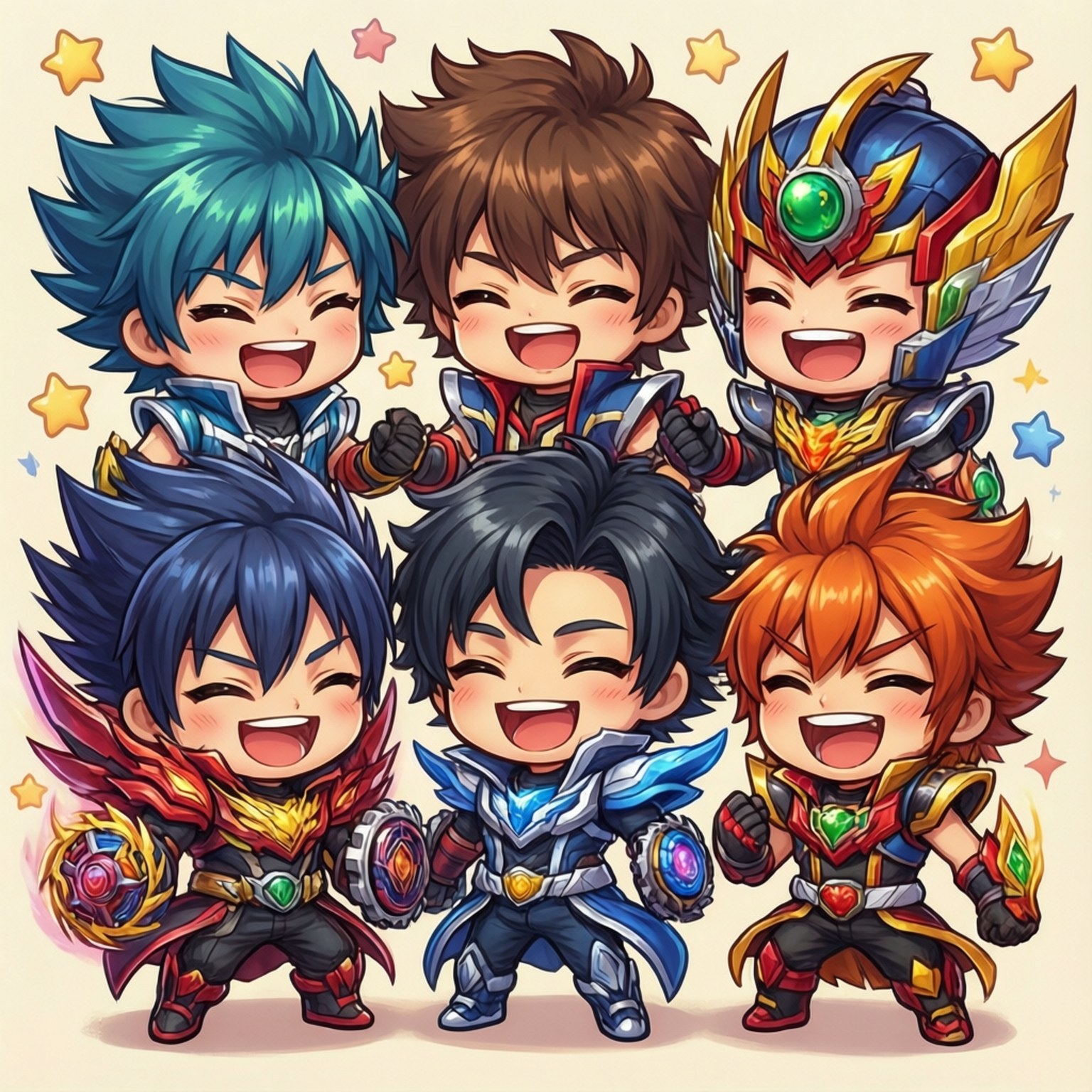 Chibi Burst Buddies 壁紙 — 六個可愛的動漫英雄穿著色彩繽紛的盔甲，在柔和的米色背景上被閃爍的星星包圍，開心地大笑。