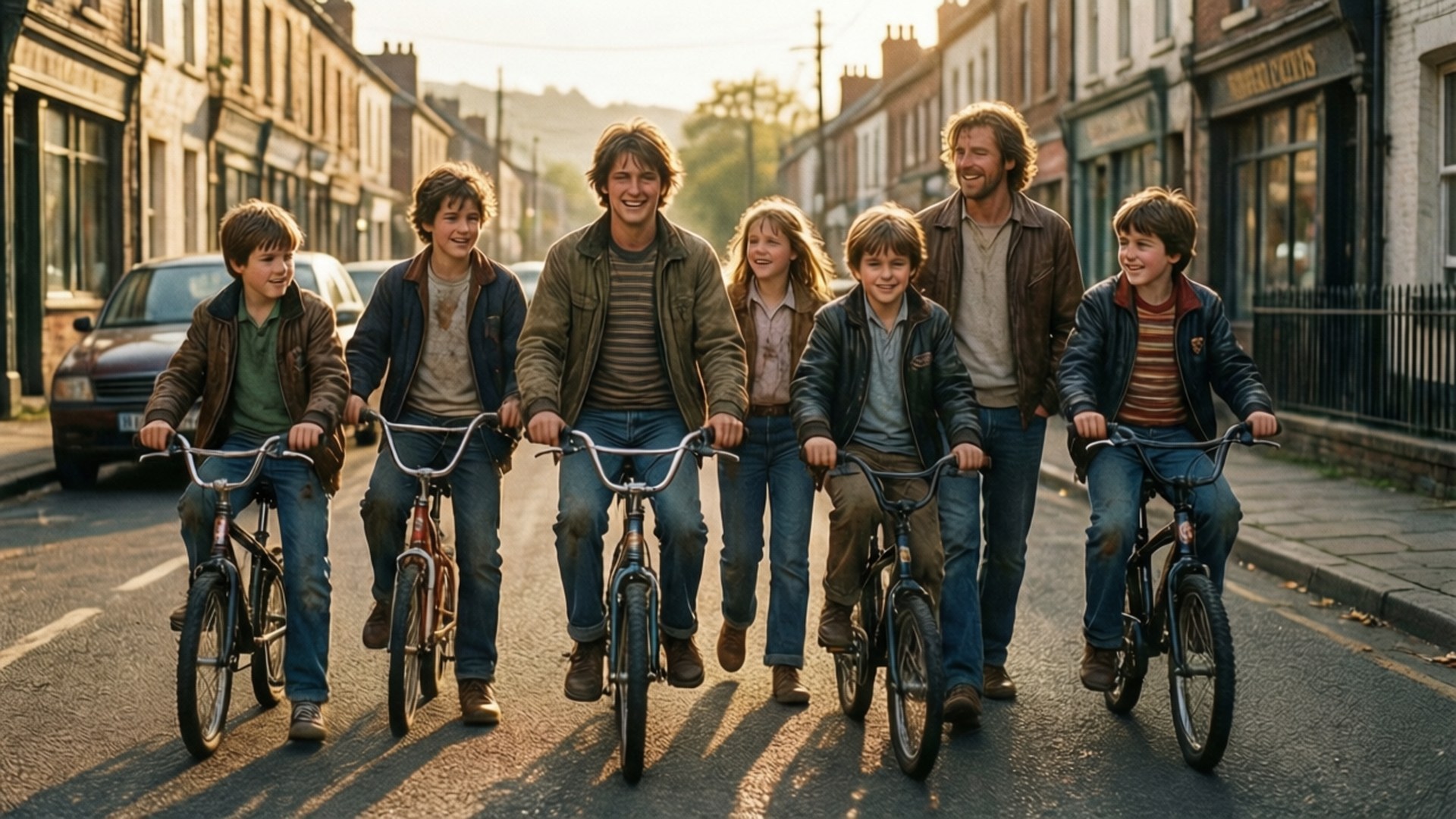 Losers Club on Bikes 壁紙 — 六個孩子和一個男人騎著腳踏車，沿著一條陽光普照的街道行駛，街道兩旁是磚造建築和停泊的汽車。