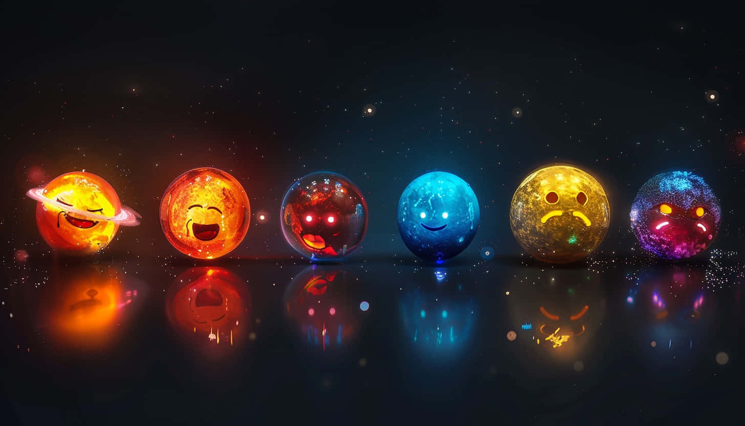  壁紙 — 六個色彩繽紛、表情豐富的表情符號行星漂浮在太空中，下方是反射表面。