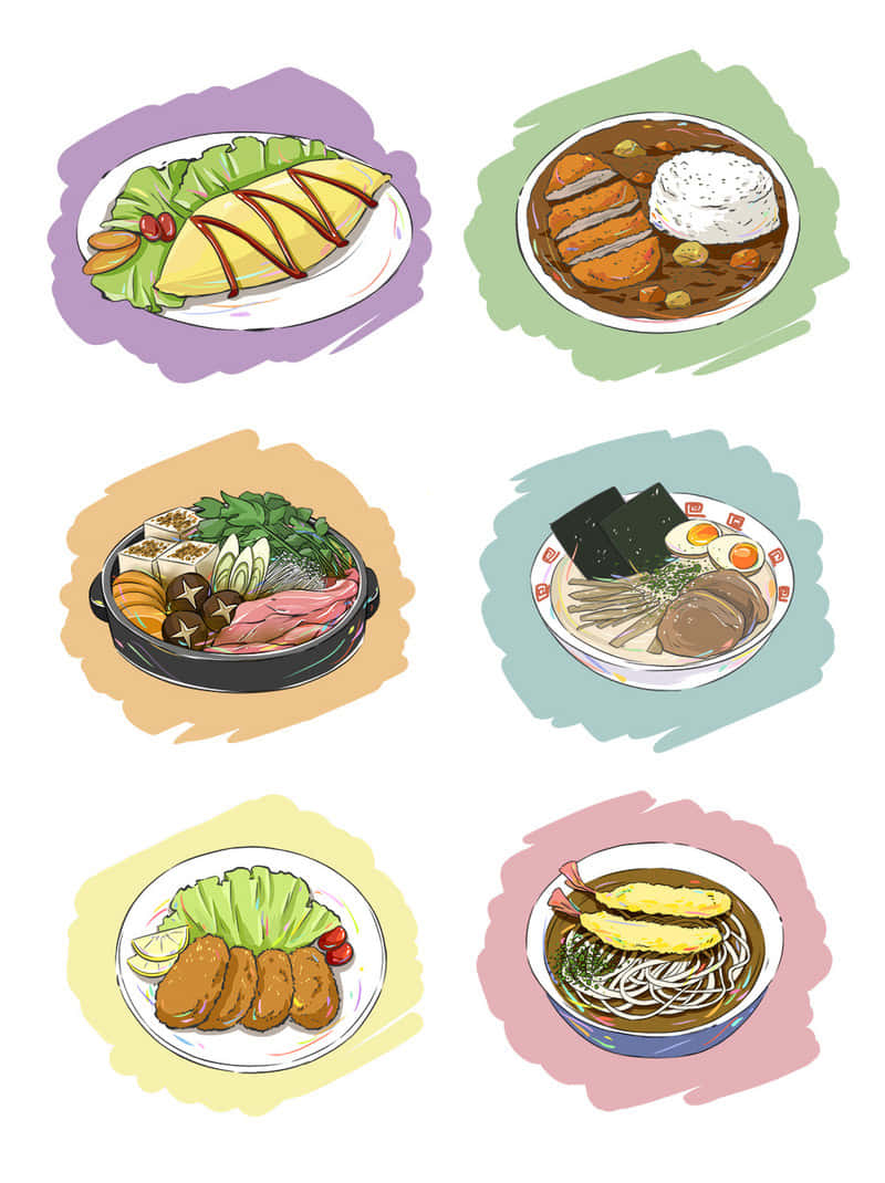  壁紙 — 六款色彩繽紛的插圖日本料理，包括蛋包飯、咖哩飯、火鍋、拉麵和天婦羅，盛在帶有柔和粉彩背景的盤子上。