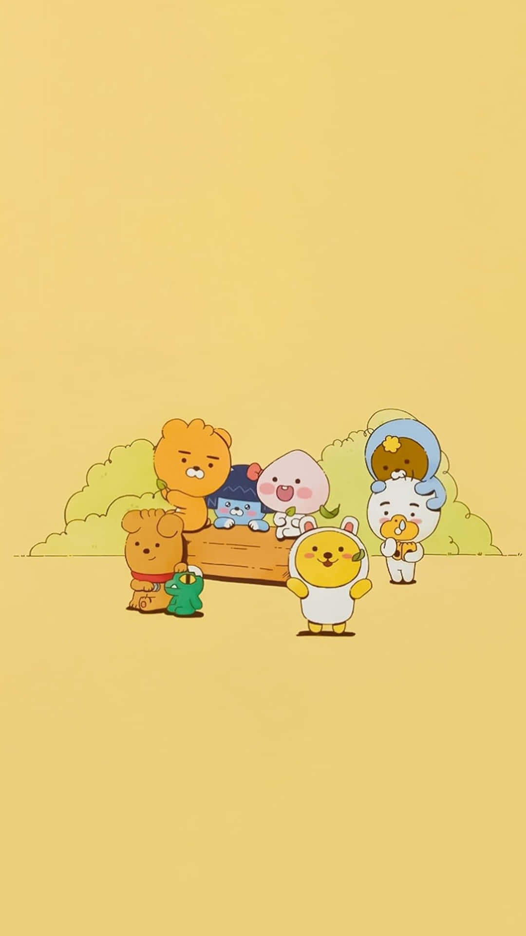  壁紙 — 六隻可愛的卡通動物聚集在一個木製長凳周圍，背景是柔和的黃色和綠色灌木叢。