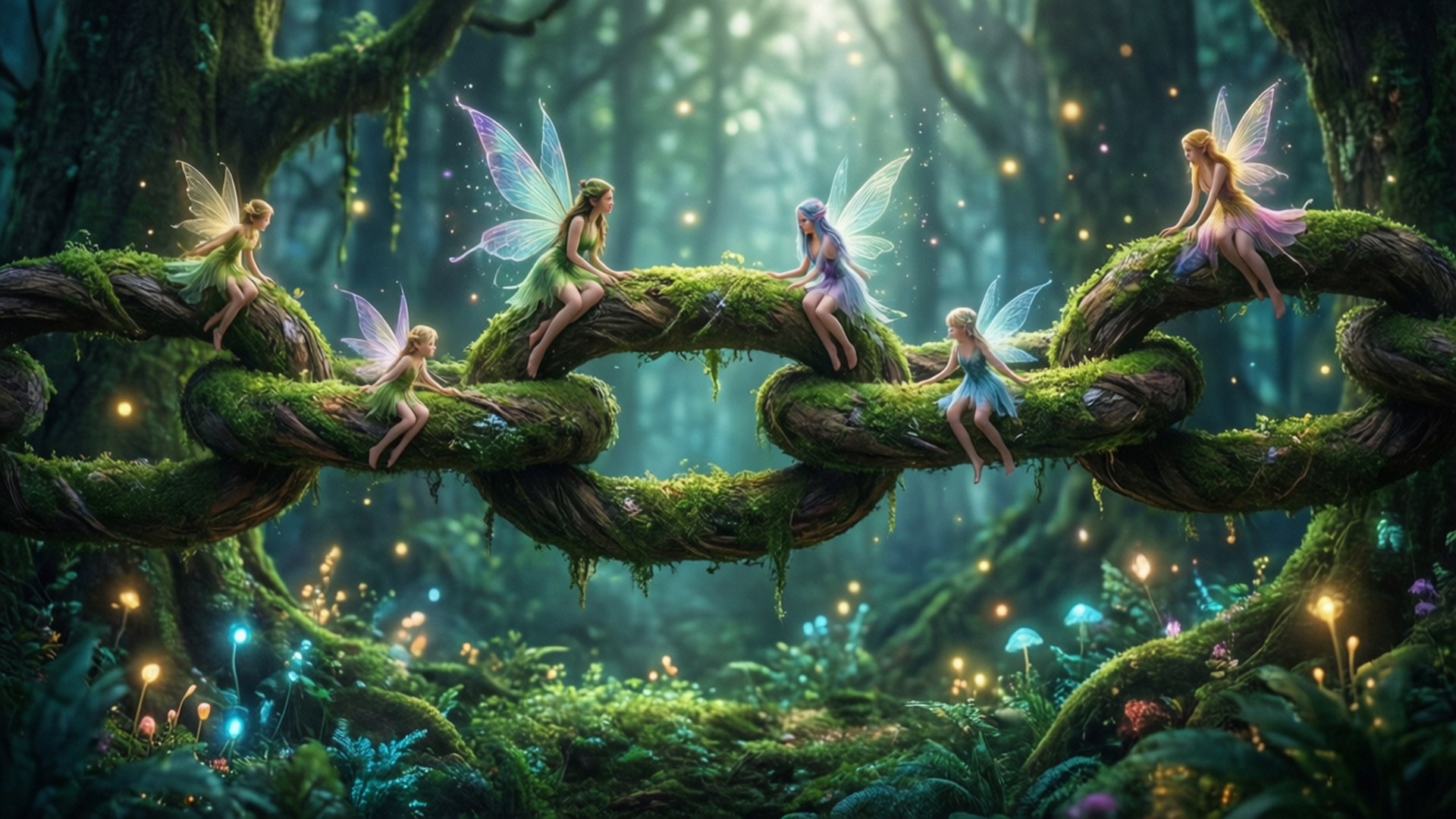Fairy's Blessing 壁紙 — 六位擁有半透明翅膀的精靈棲息在一條長滿苔蘚、纏繞交錯的樹枝上，身處發光的魔法森林中。