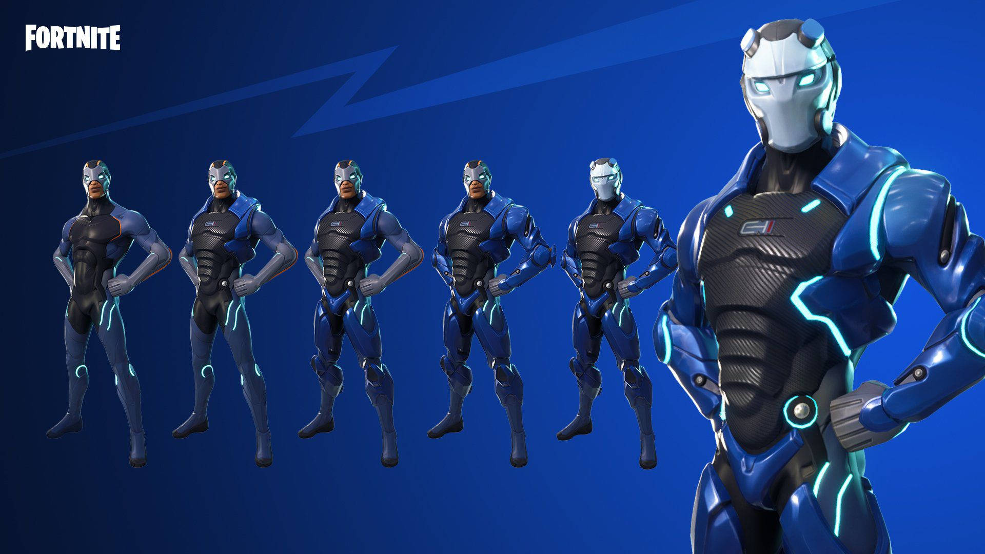 六個《Fortnite》角色身穿藍黑裝甲服，帶有發光的青色點綴。 — Fortnite 壁紙