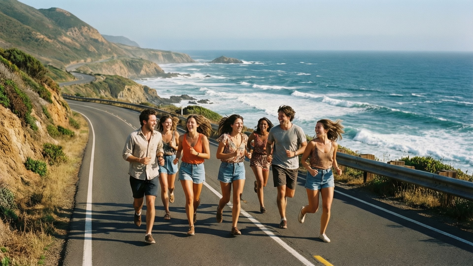 Coastal Run Friends 壁紙 — 六個朋友沿著海岸公路快樂地奔跑，身後是拍岸的浪花和陽光照耀的懸崖。