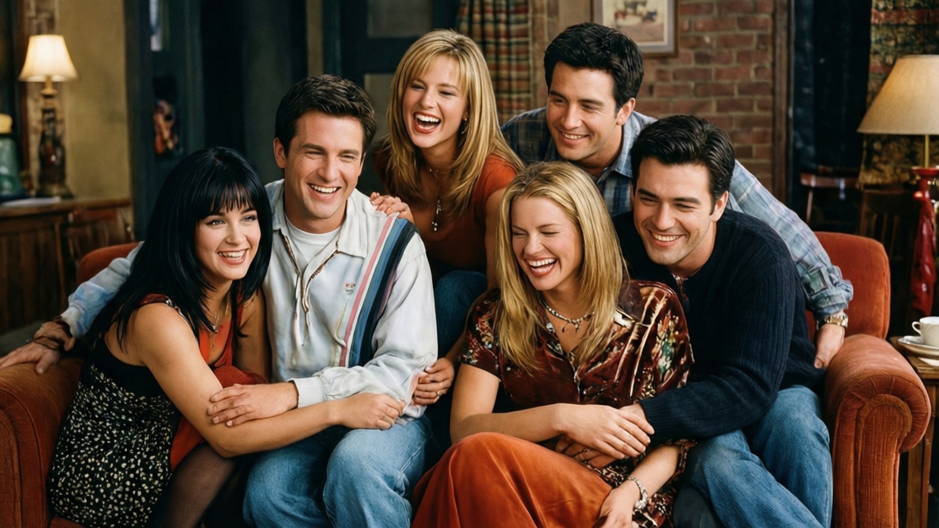 Central Perk Couch 壁紙 — 六個朋友在一個有磚牆和燈具、燈光溫暖的公寓裡，一起坐在紅色沙發上大笑。