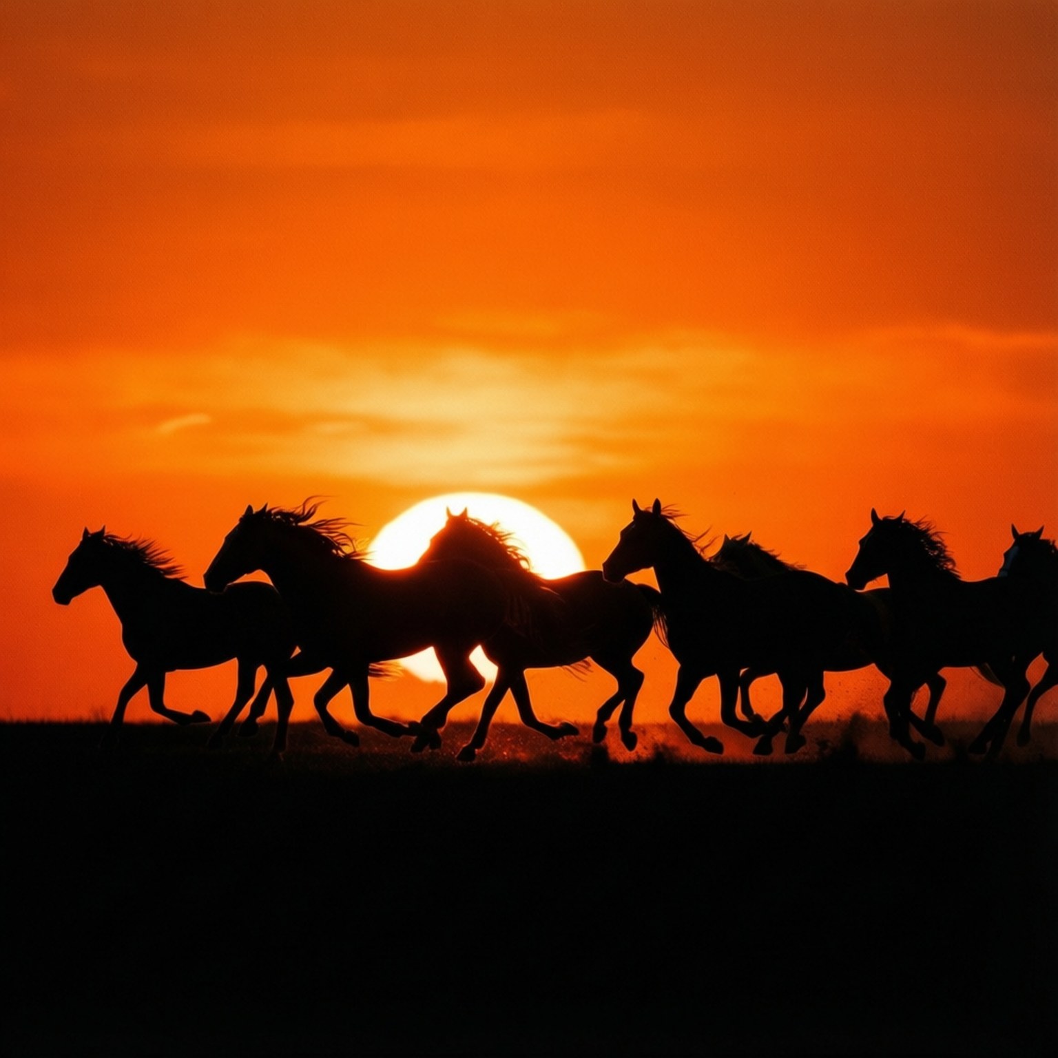 Silhouette Sprint 壁紙 — 六匹奔騰的馬的剪影在日落時分穿過田野，背後是發光的橙色太陽。