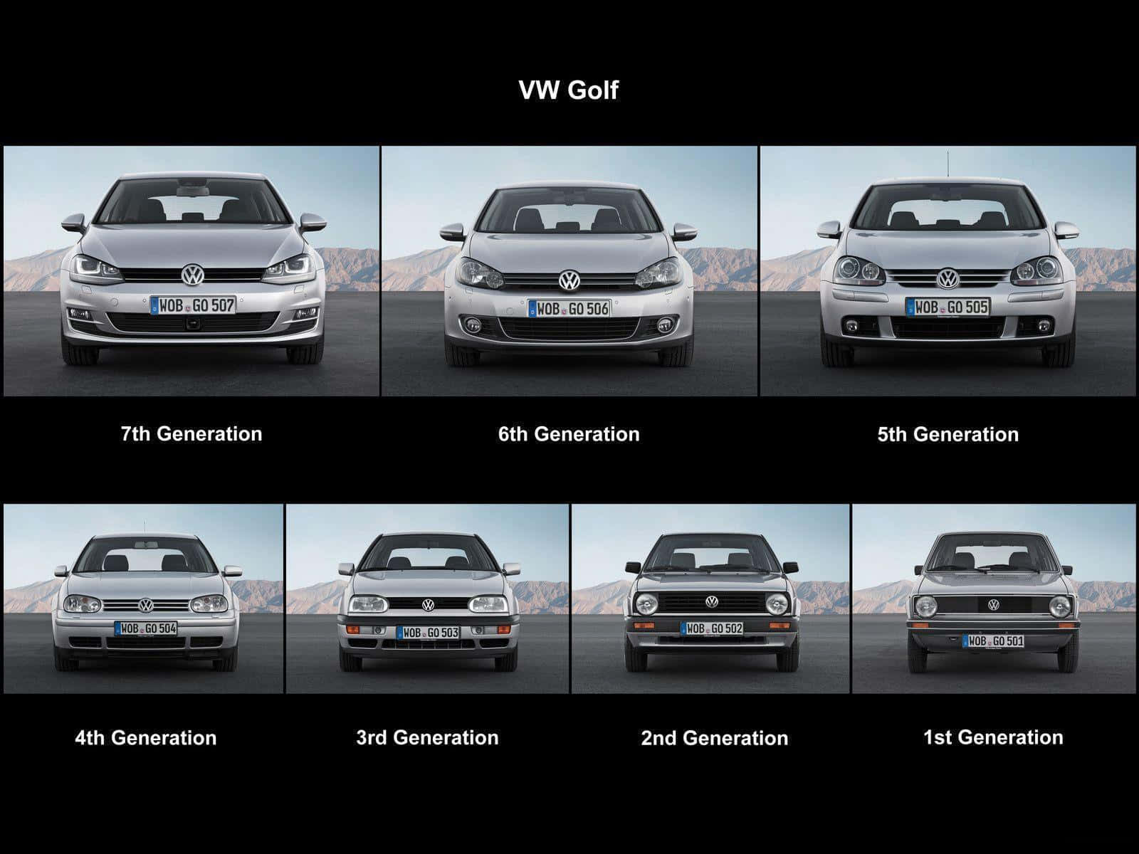 Volkswagen Golf 桌布 壁紙 — 六代銀色福斯Golf汽車並排展示，背景為山巒景色。