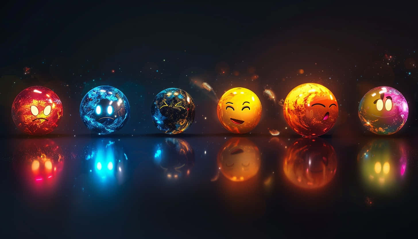  壁紙 — 六個發光的表情符號行星，帶有表情豐富的臉孔，漂浮在反射表面上方的太空中，每個都散發出獨特的顏色和情感。