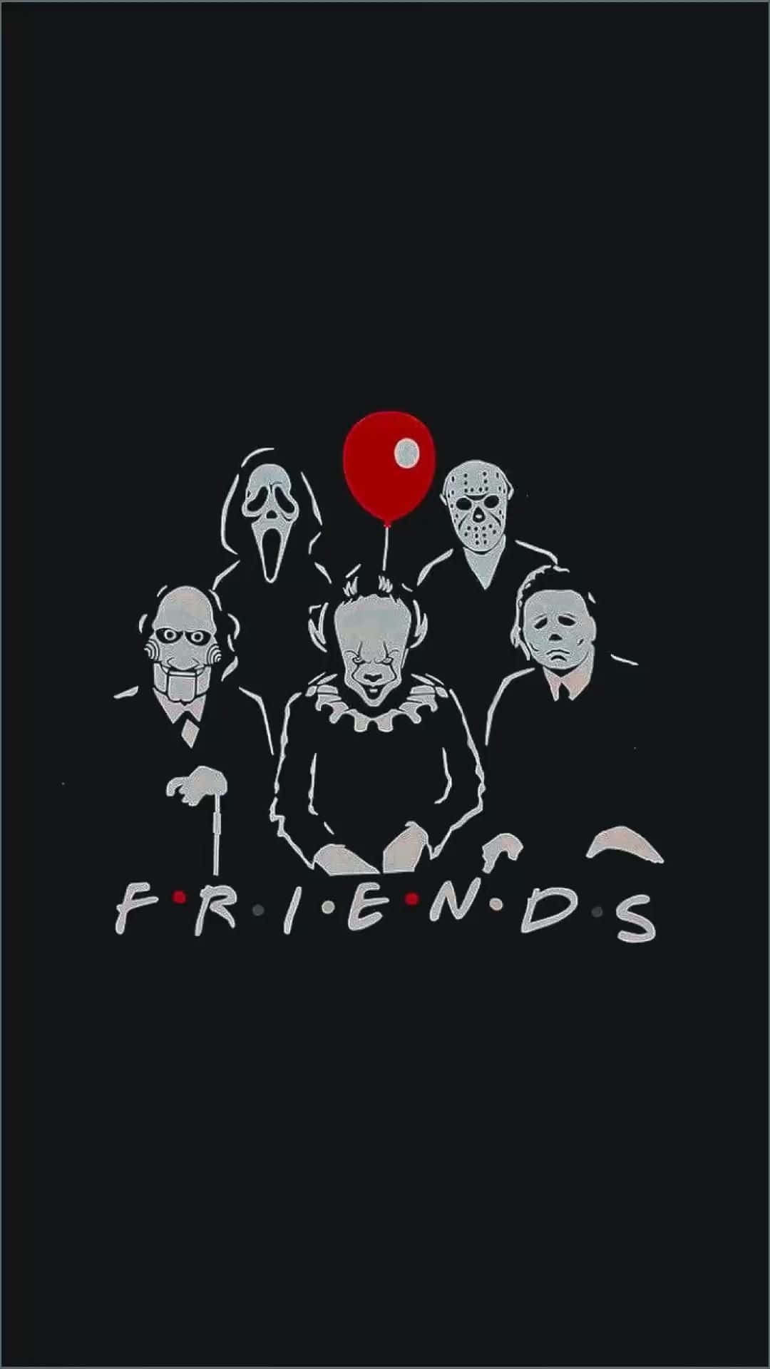  壁紙 — 六個恐怖片標誌性角色坐在一起，在黑色背景上的「Friends」標誌下拿著一個紅色氣球。