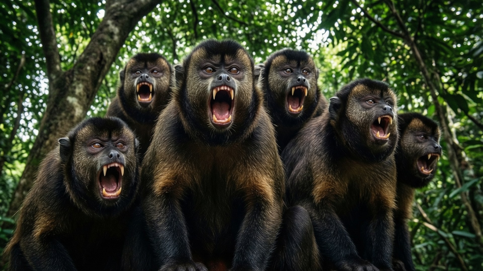 Howler Monkeys Roar 壁紙 — 六隻深色毛髮、張開嘴巴的吼猴從茂密的綠色森林樹冠中猛烈咆哮。