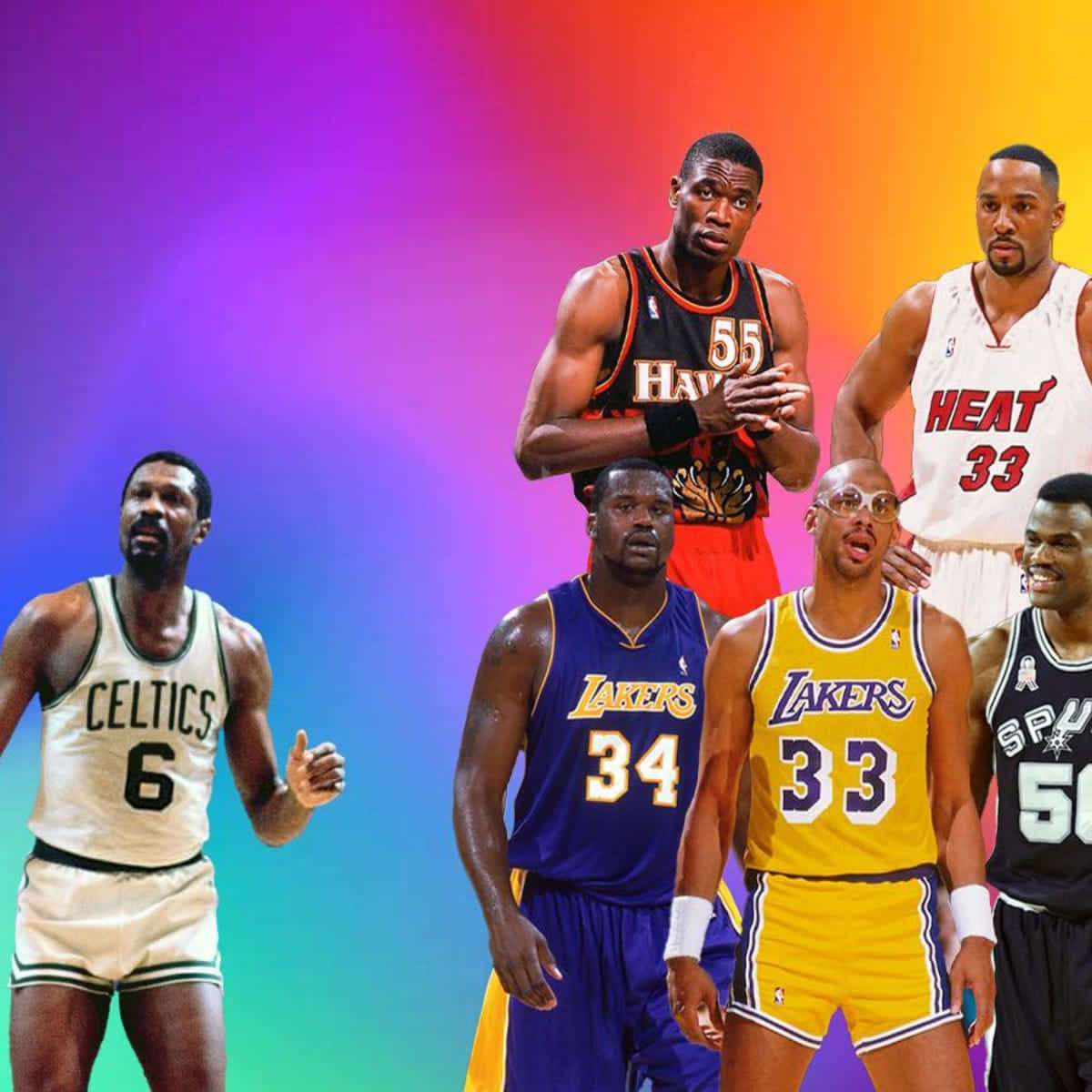 六位傳奇NBA球員身穿經典球隊制服，站在色彩繽紛的漸變背景前。 — NBA 壁紙