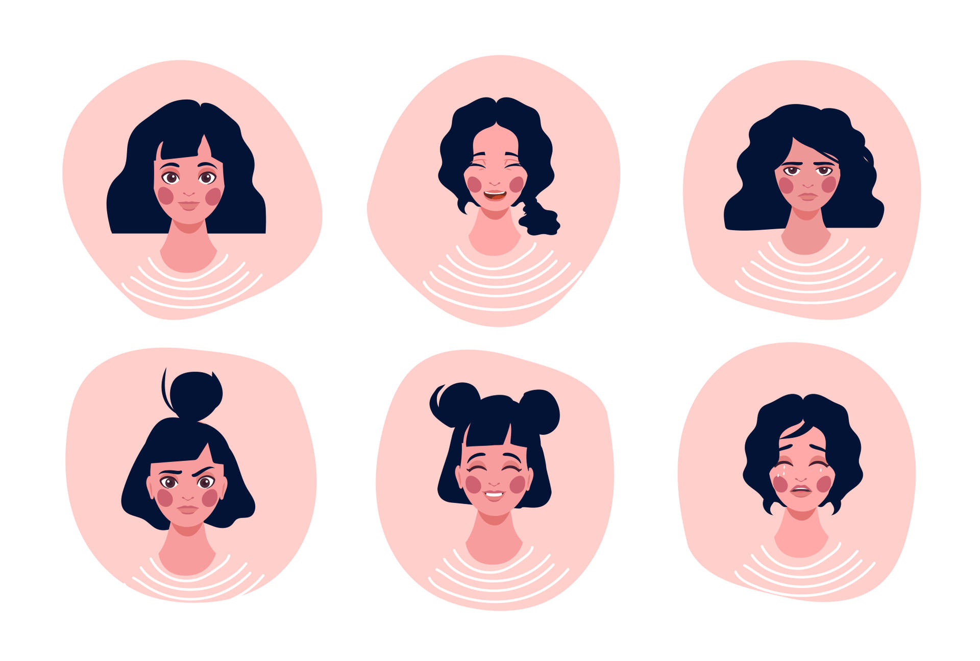 六個插圖女性，在粉紅色圓圈中有不同的面部表情。 — Amoled 壁紙