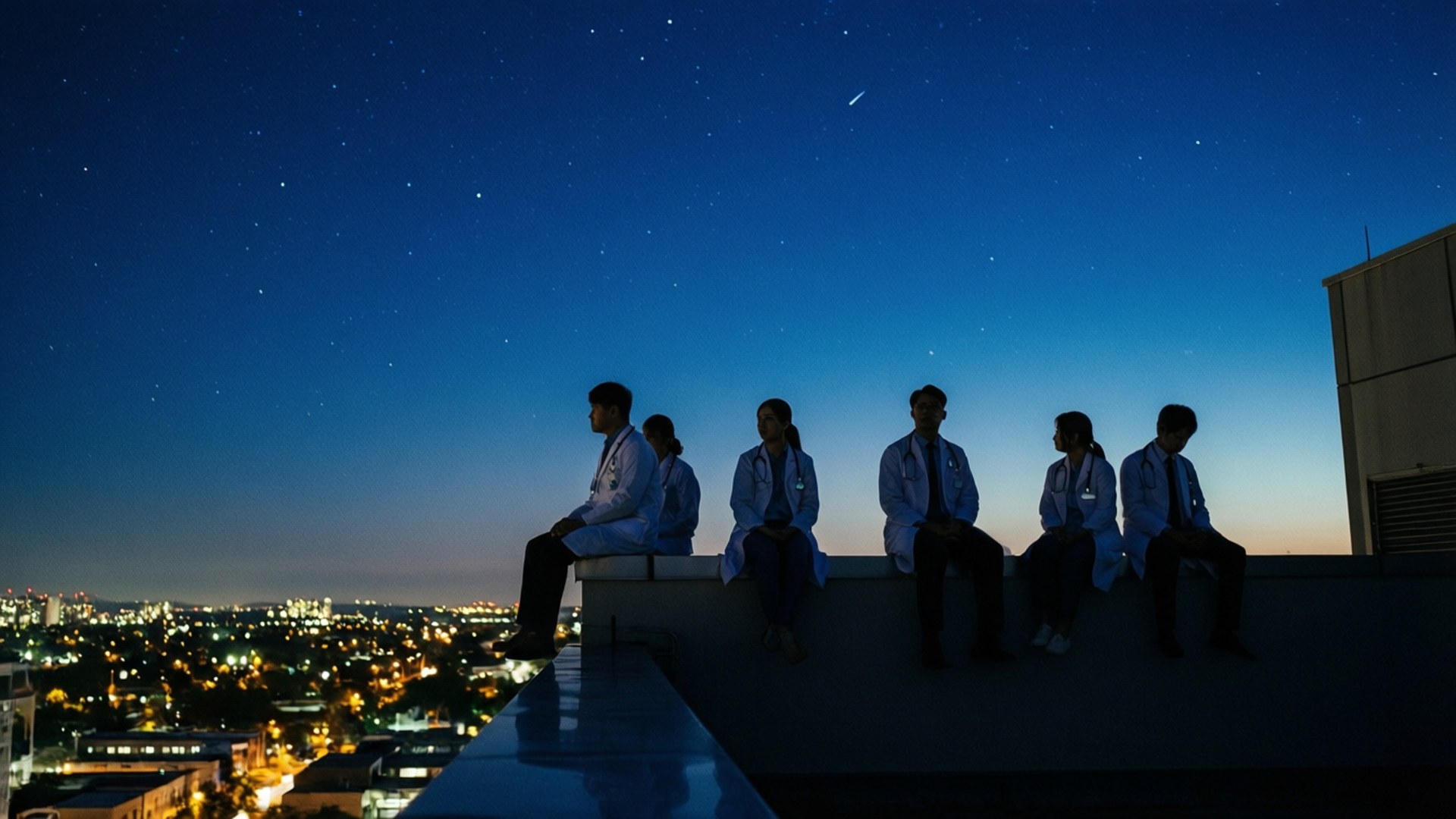 Starry Night Rooftop 壁紙 — 六名身穿白袍的醫科學生以剪影形式坐在屋頂邊緣，凝視著閃爍城市上空繁星點點的夜空。