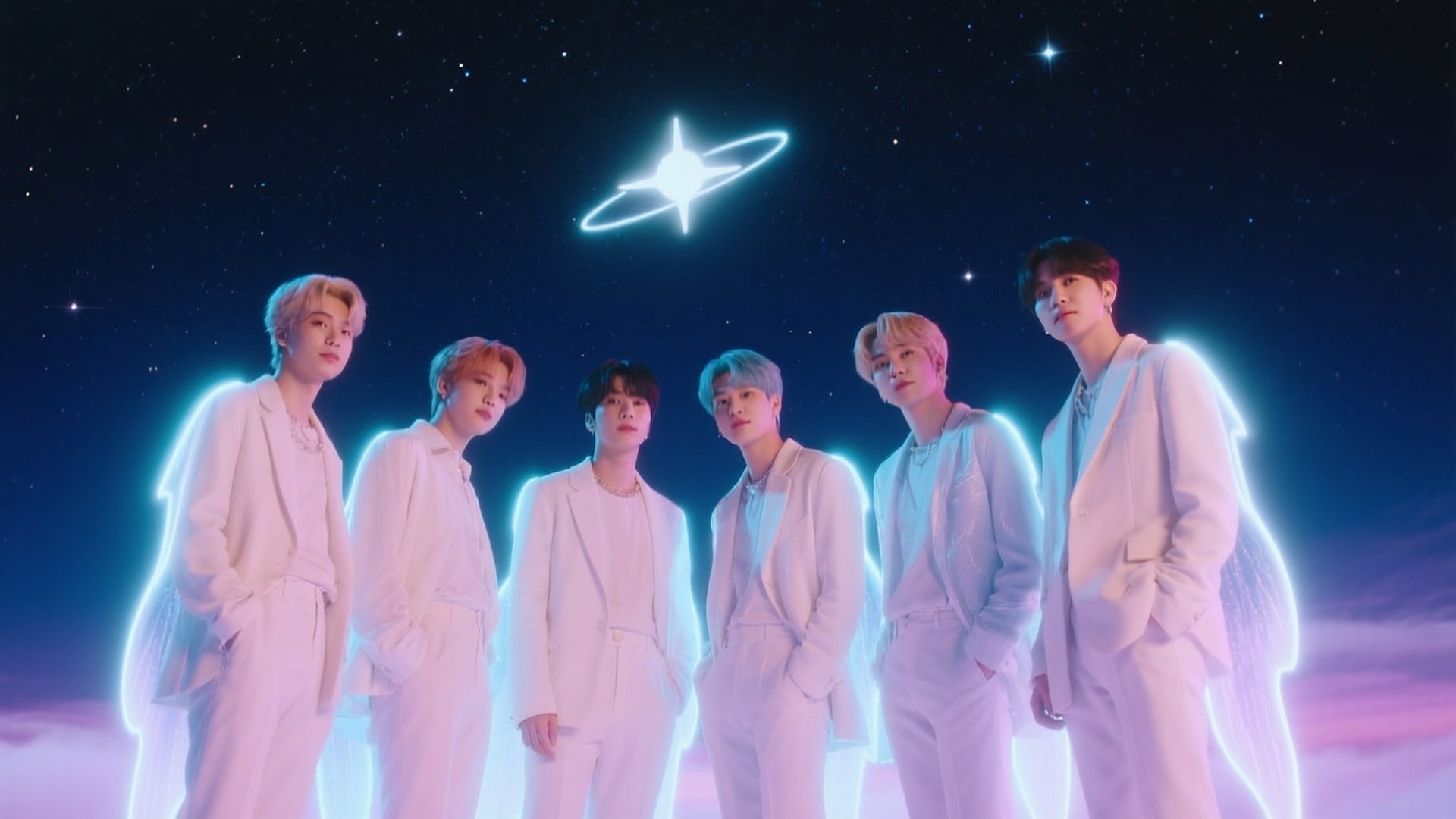 Starry Night NCT 壁紙 — 六個身穿白色西裝的男人在星空宇宙背景下發出霓虹光環，上方有一顆發光的環狀星。